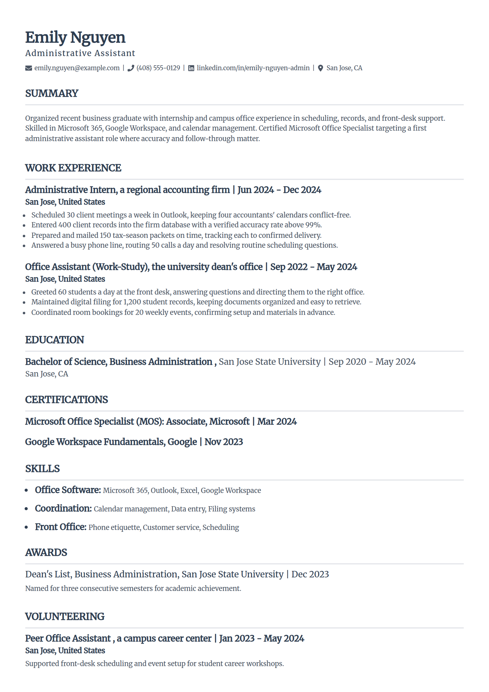 Entry-level administrative assistant resume example in the Classic template