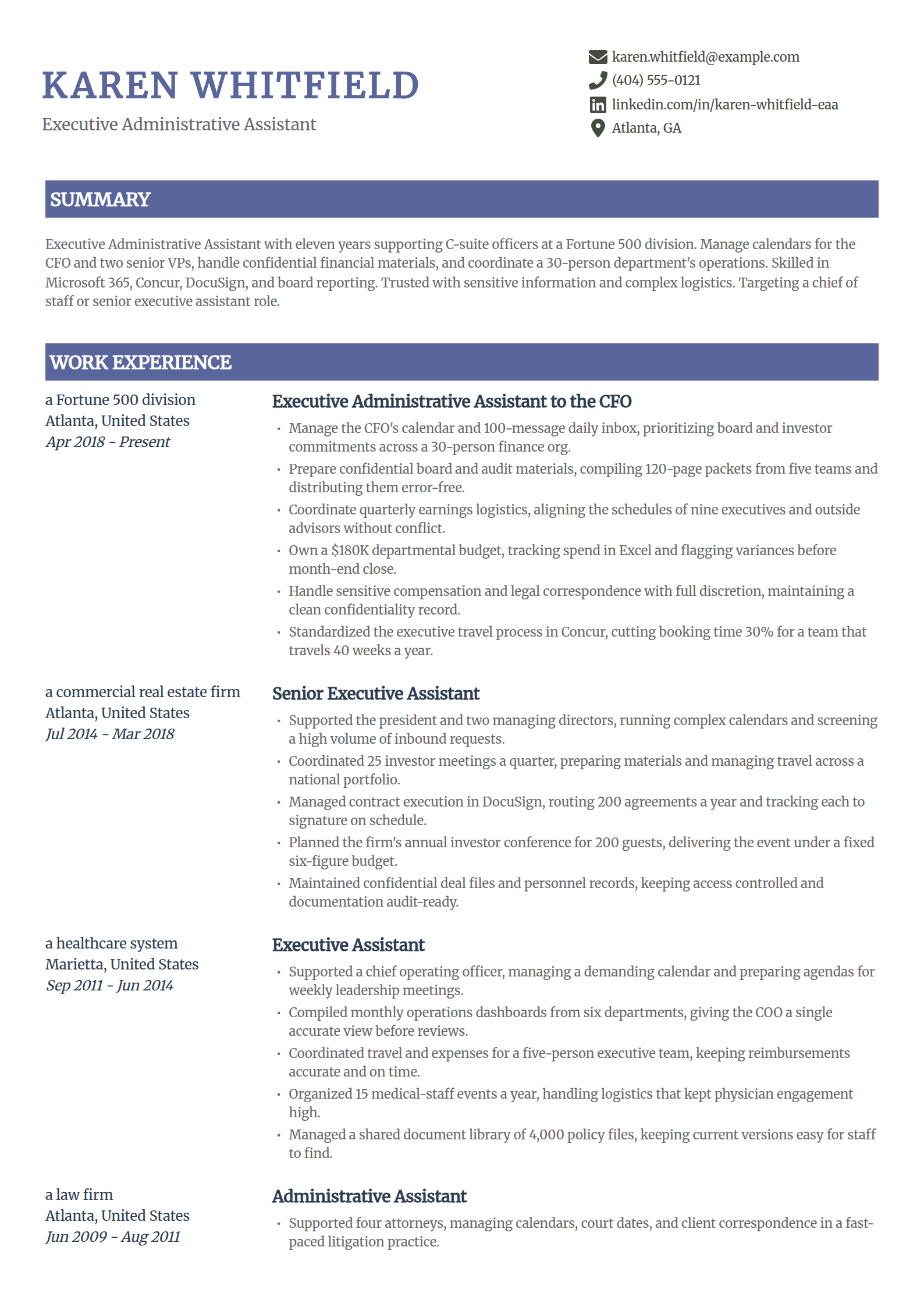 Executive administrative assistant resume example in the Catalyst template