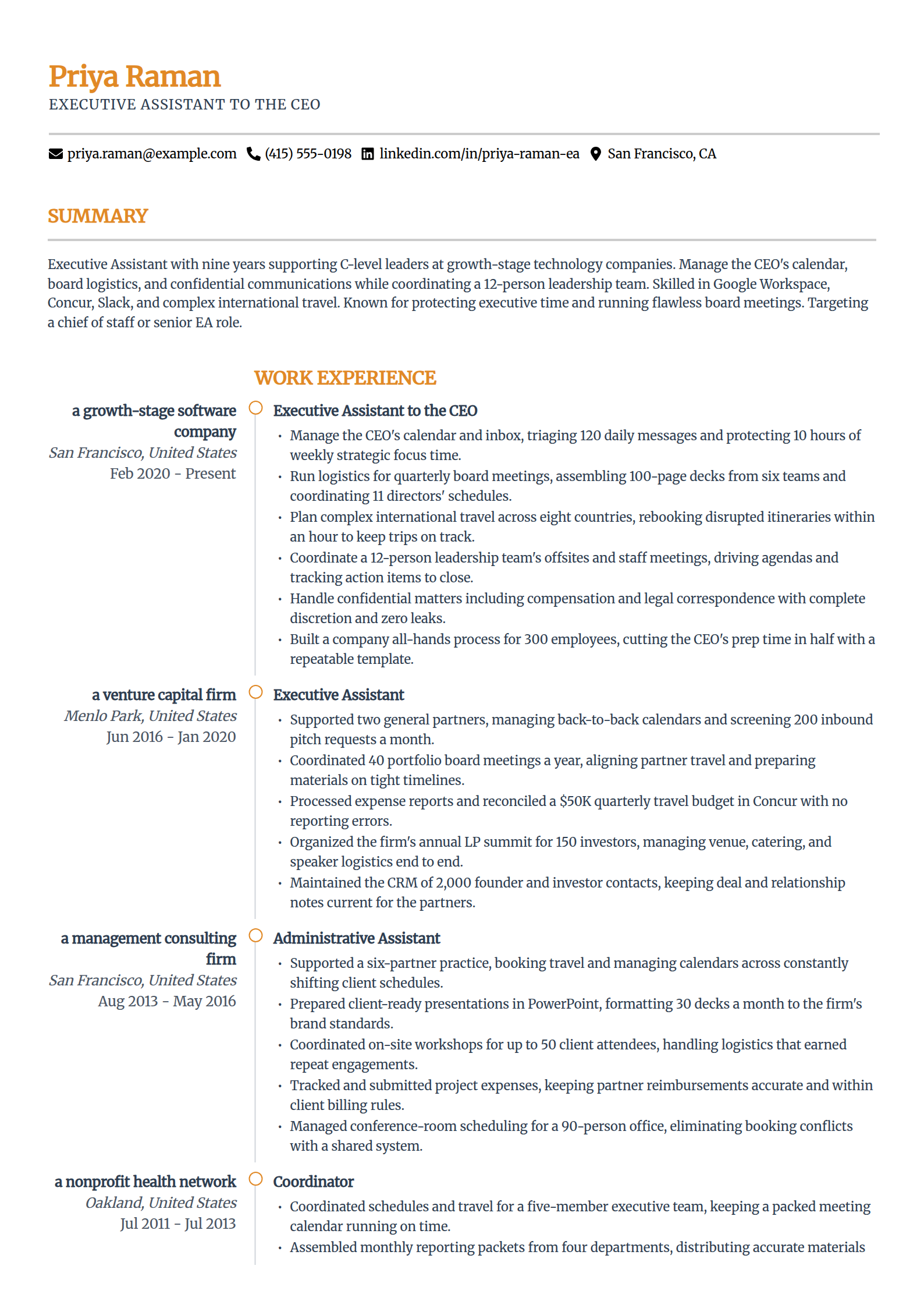 Executive assistant resume example in the Zenith template