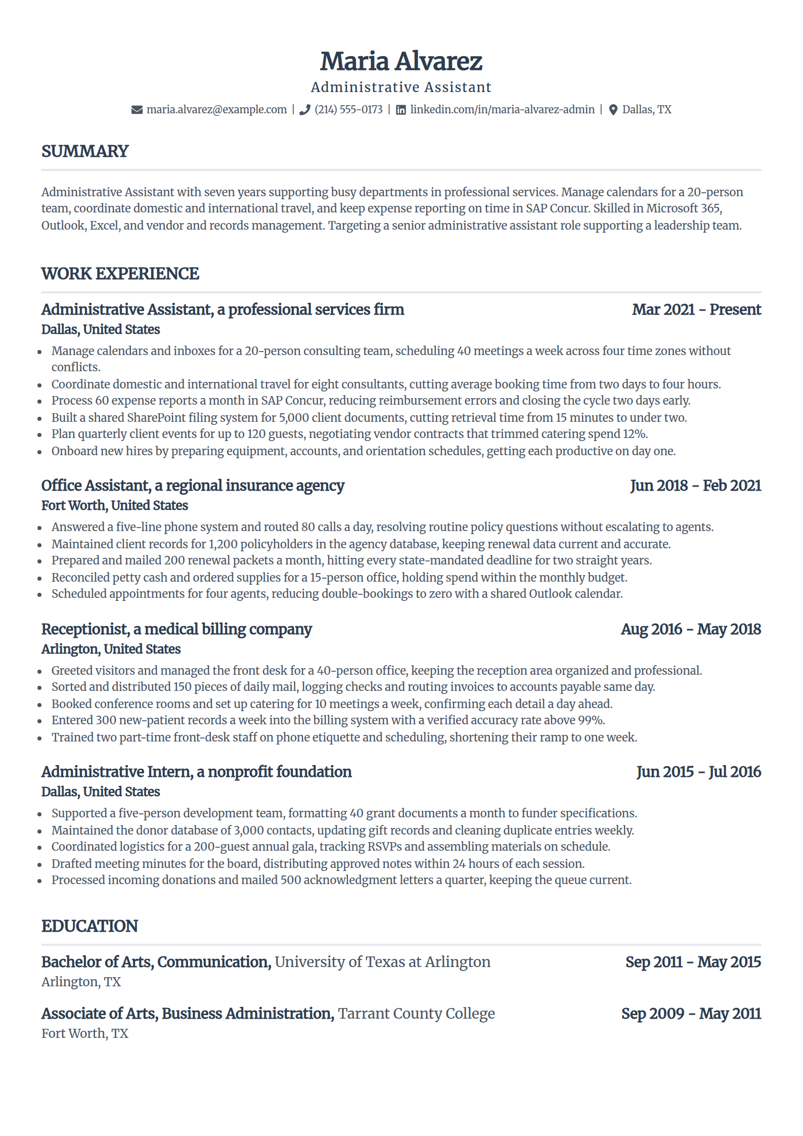 Experienced administrative assistant resume example in the Standard template