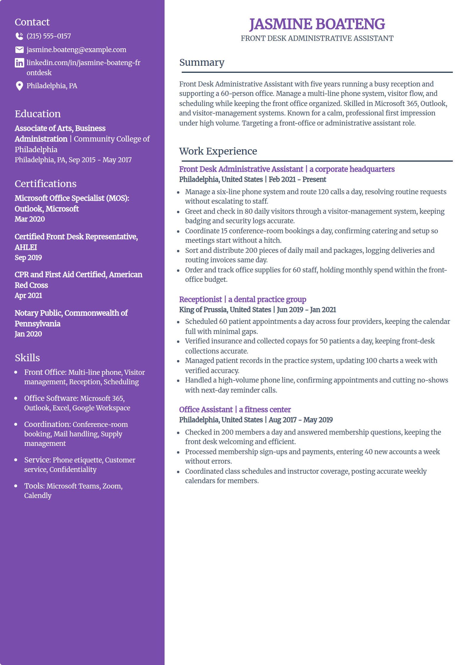 Front desk administrative assistant resume example in the Pioneer template