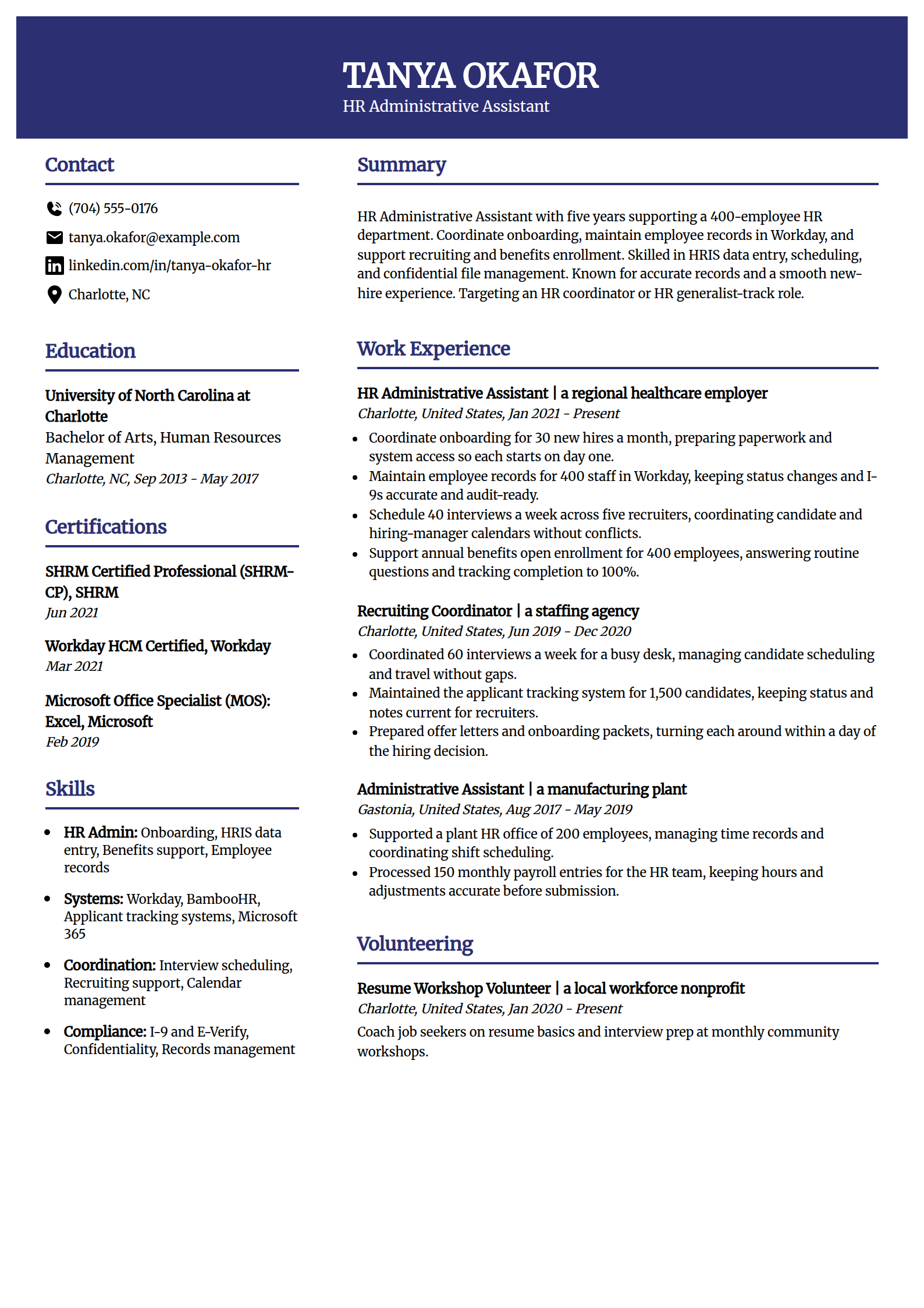HR administrative assistant resume example in the Visionary template