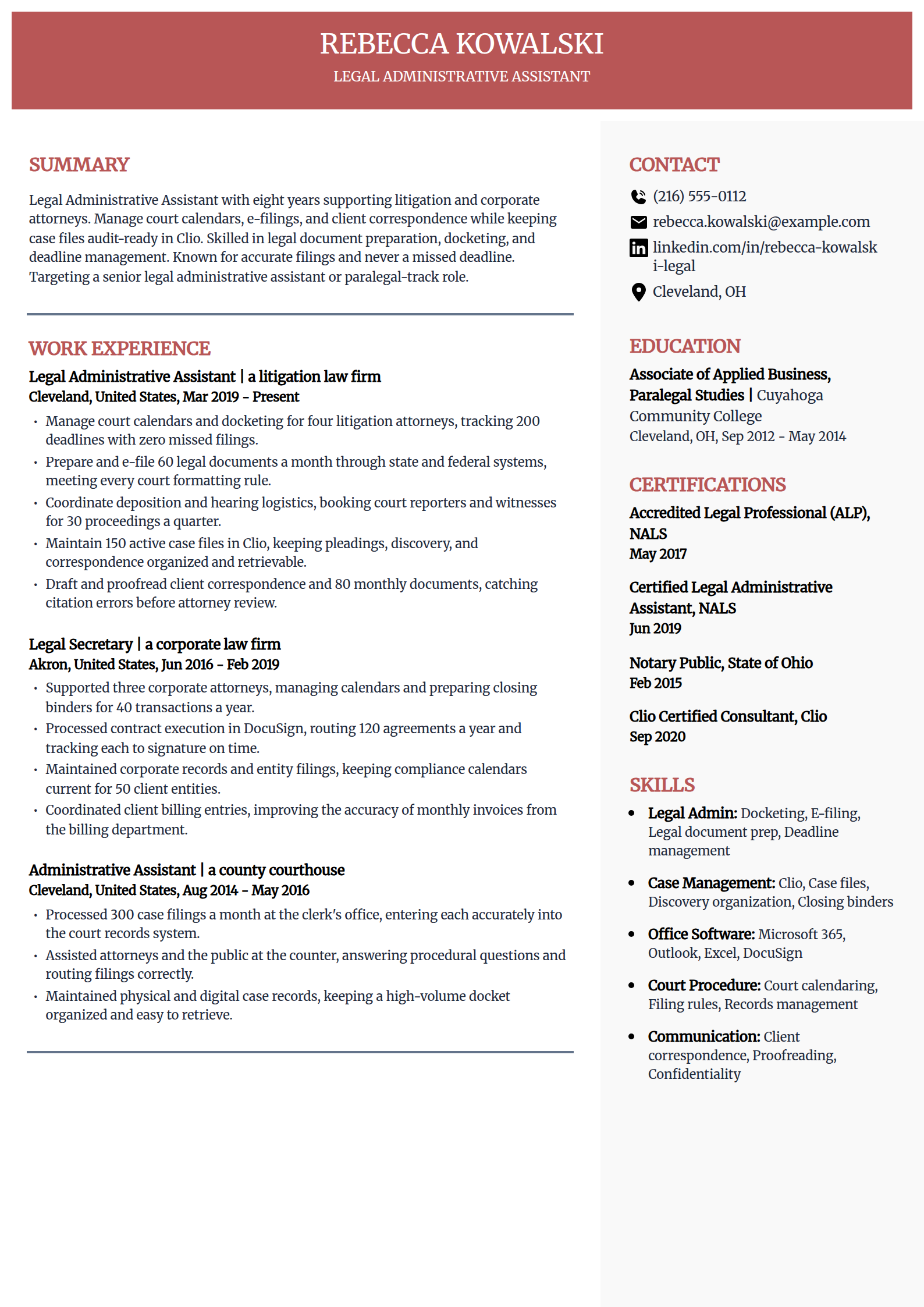 Legal administrative assistant resume example in the Executive template