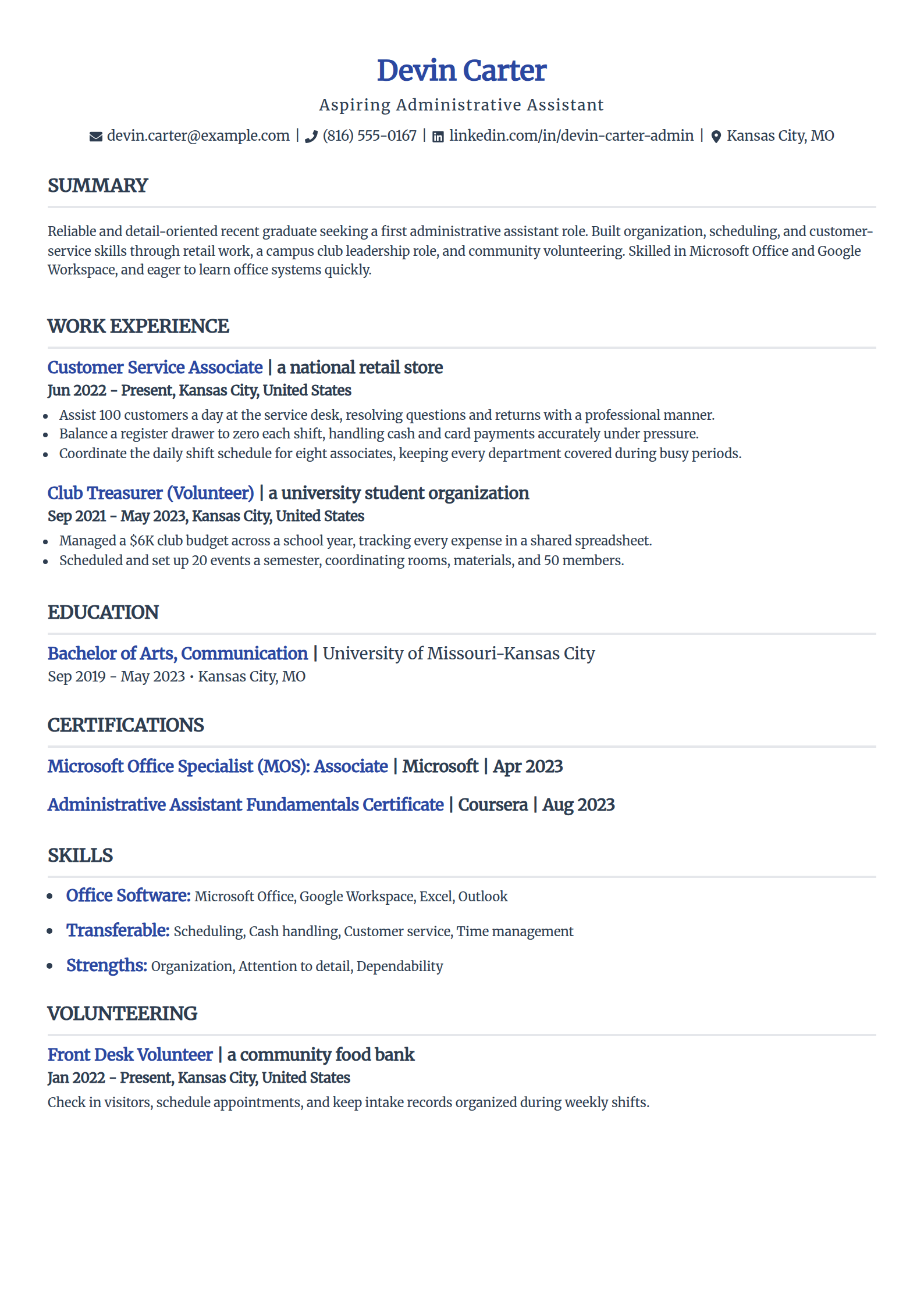Entry administrative assistant resume with no experience in the Simple template