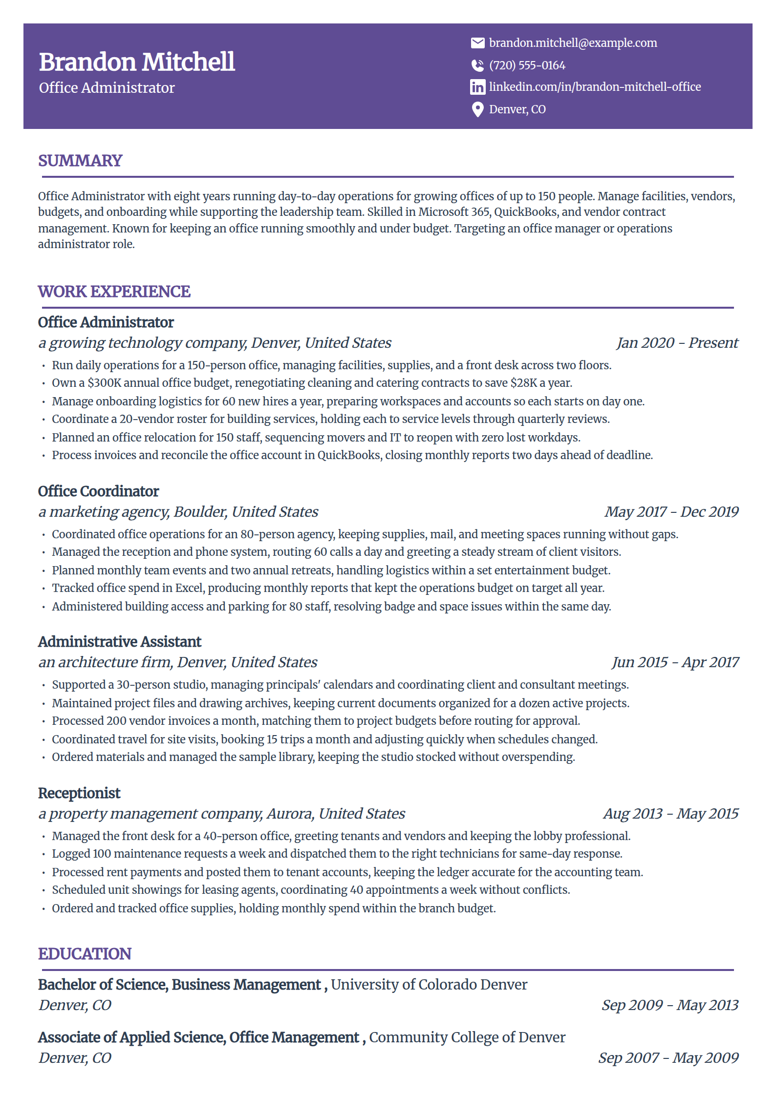 Office administrator resume example in the Panorama template