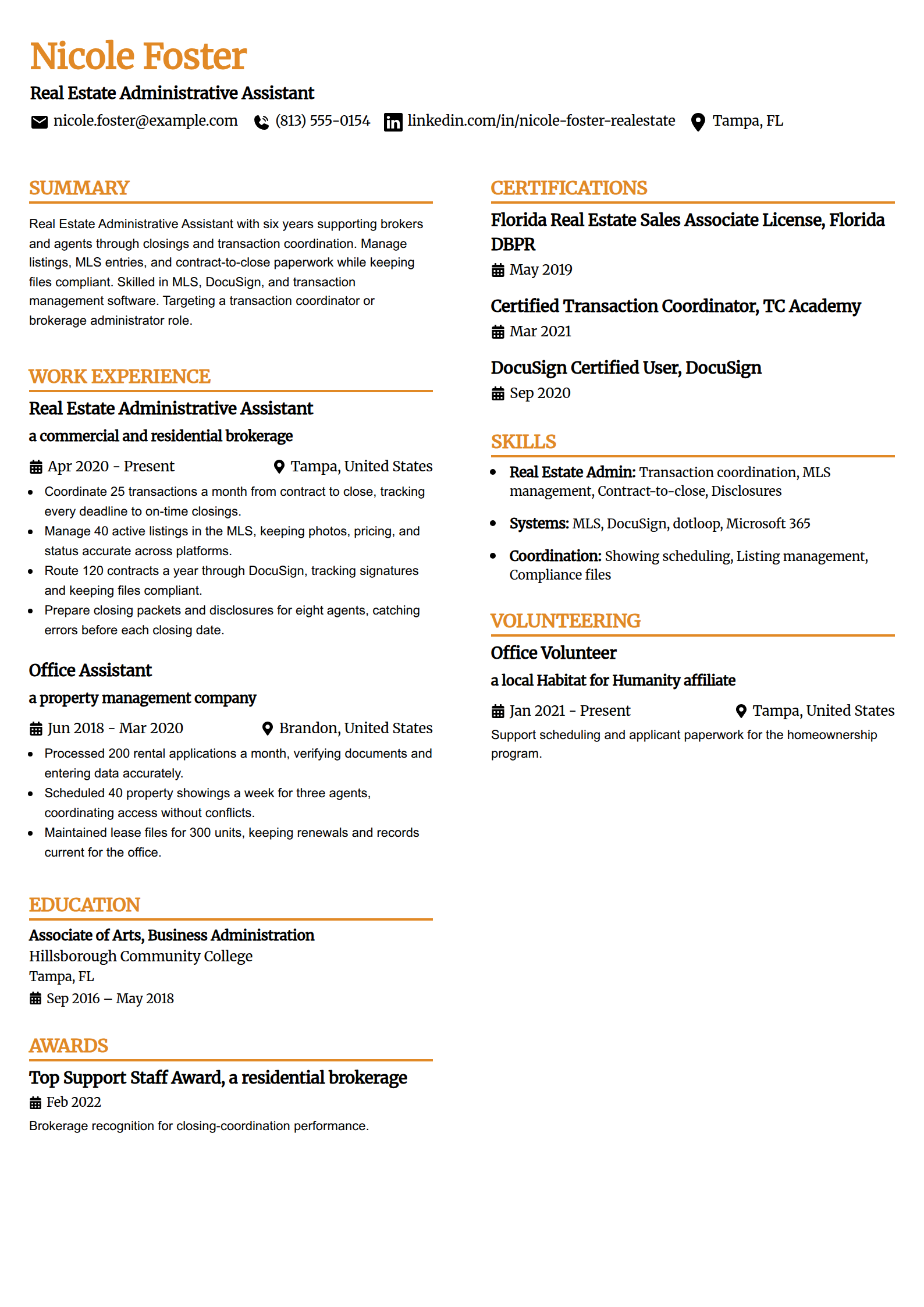 Real estate administrative assistant resume example in the Professional Edge template