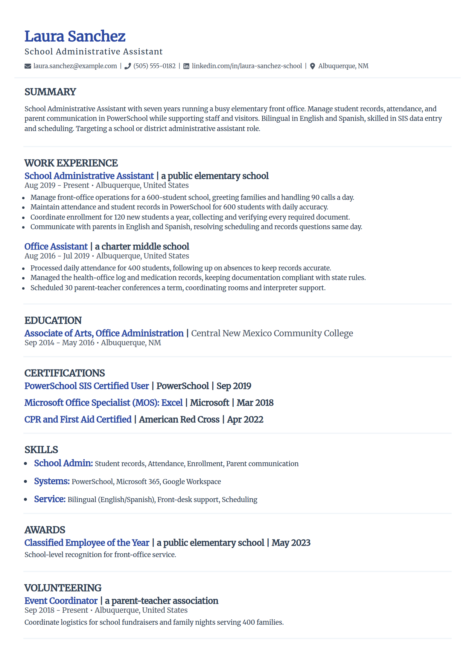 School administrative assistant resume example in the Elegant template