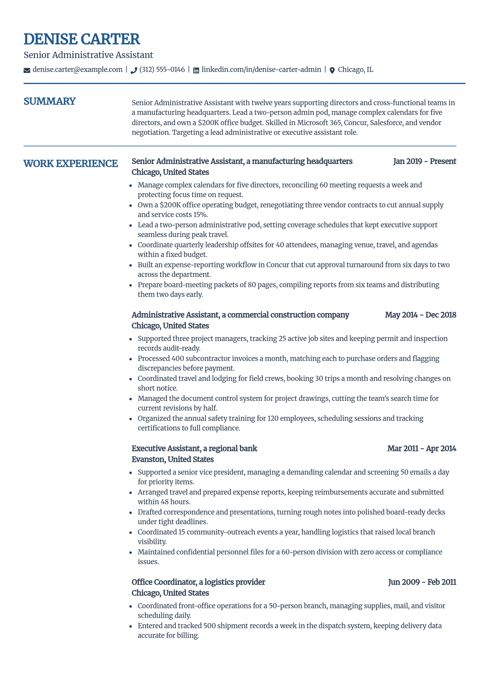 Senior administrative assistant resume example in the Craft template