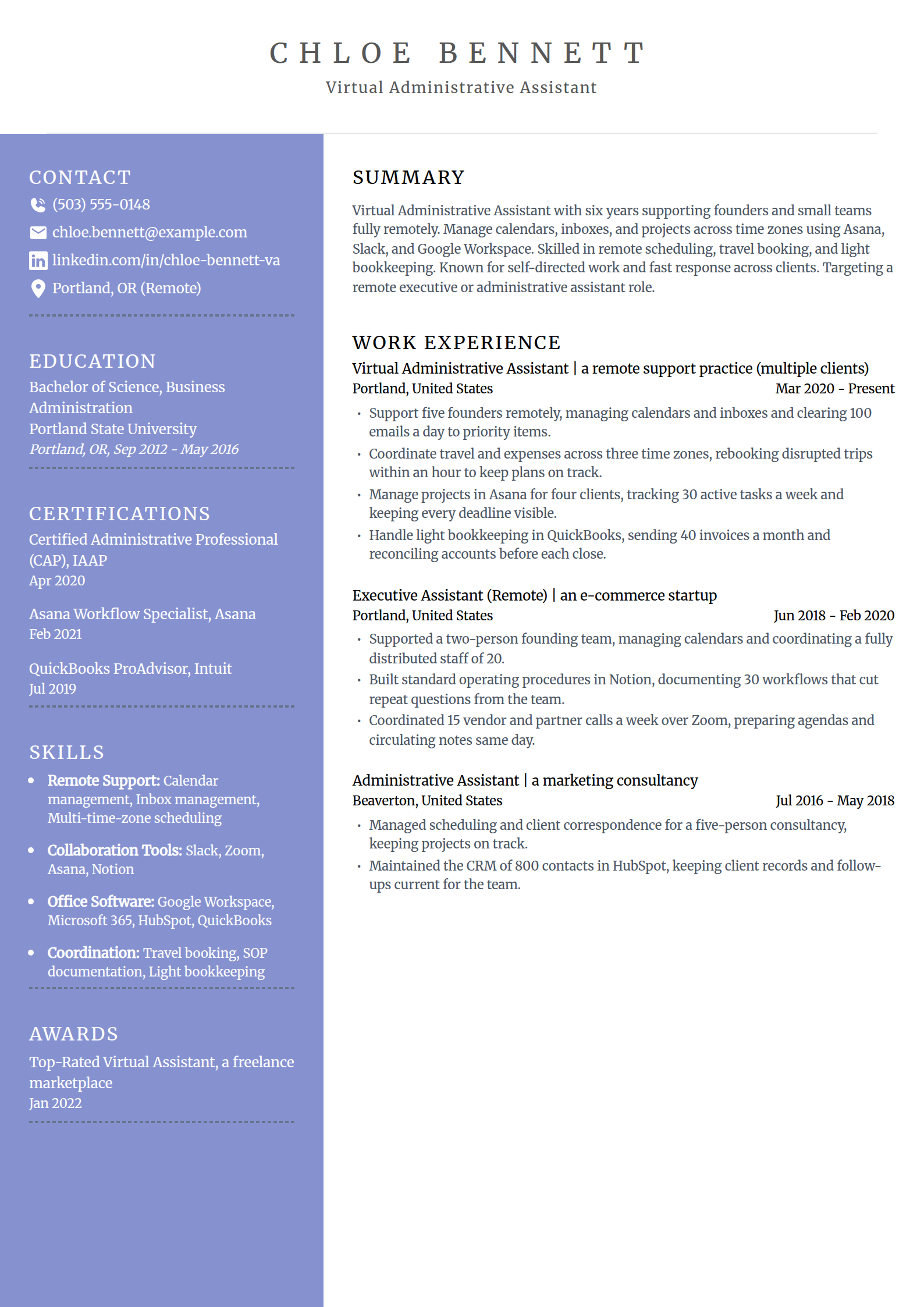 Virtual administrative assistant resume example in the Luminary template