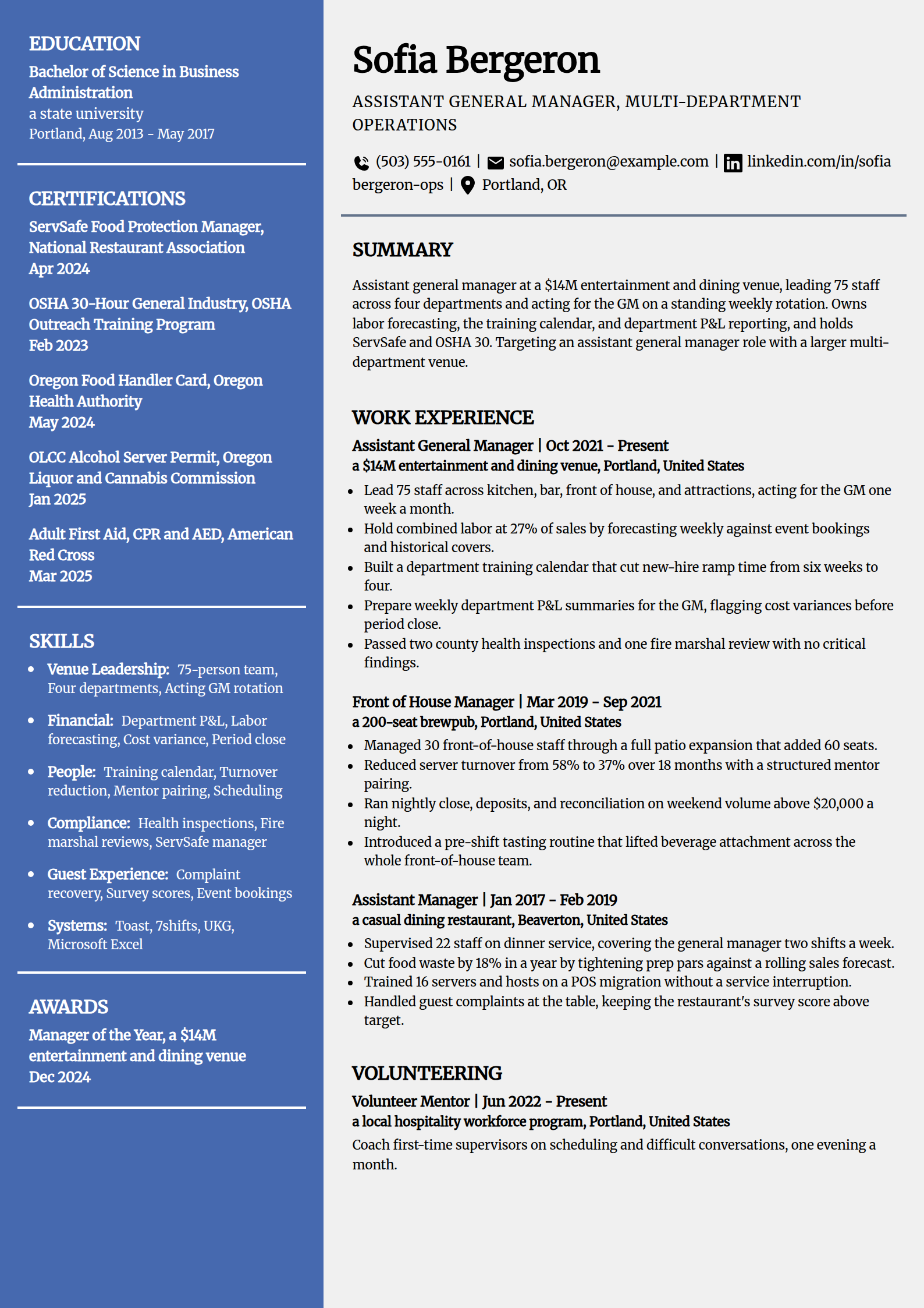 Assistant general manager resume example in the Innovative template