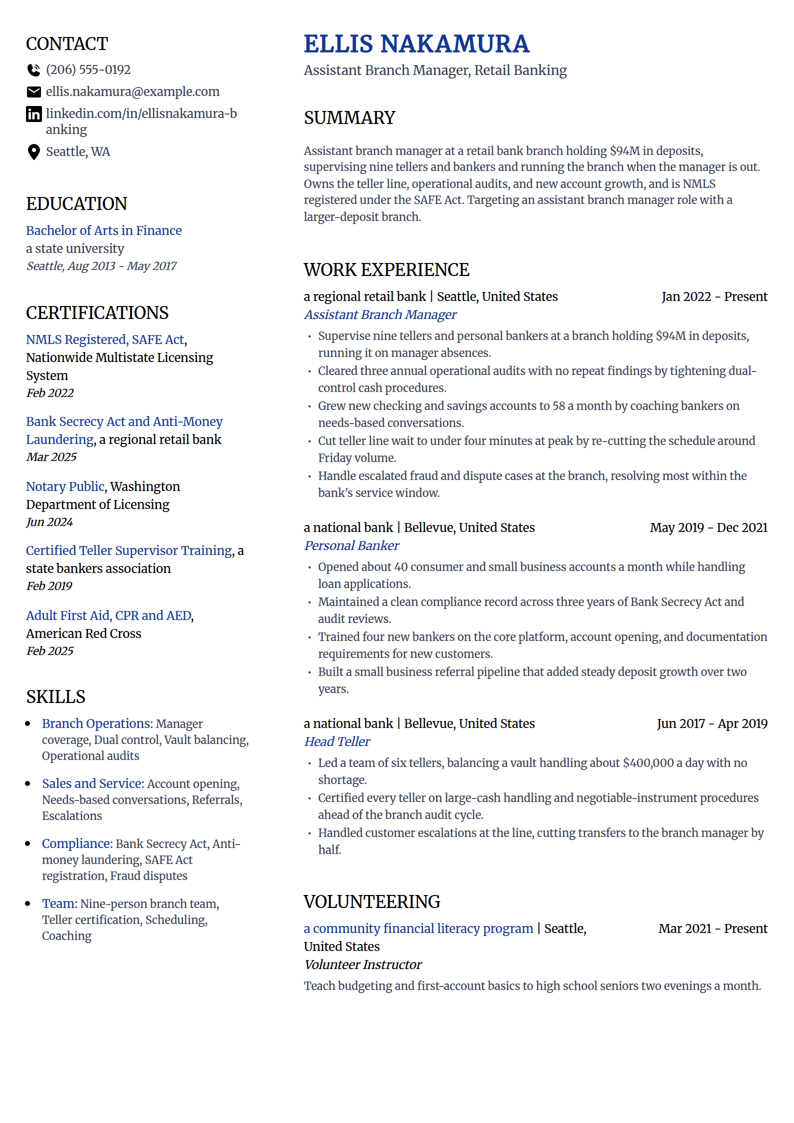 Assistant branch manager resume example in the Voyage template