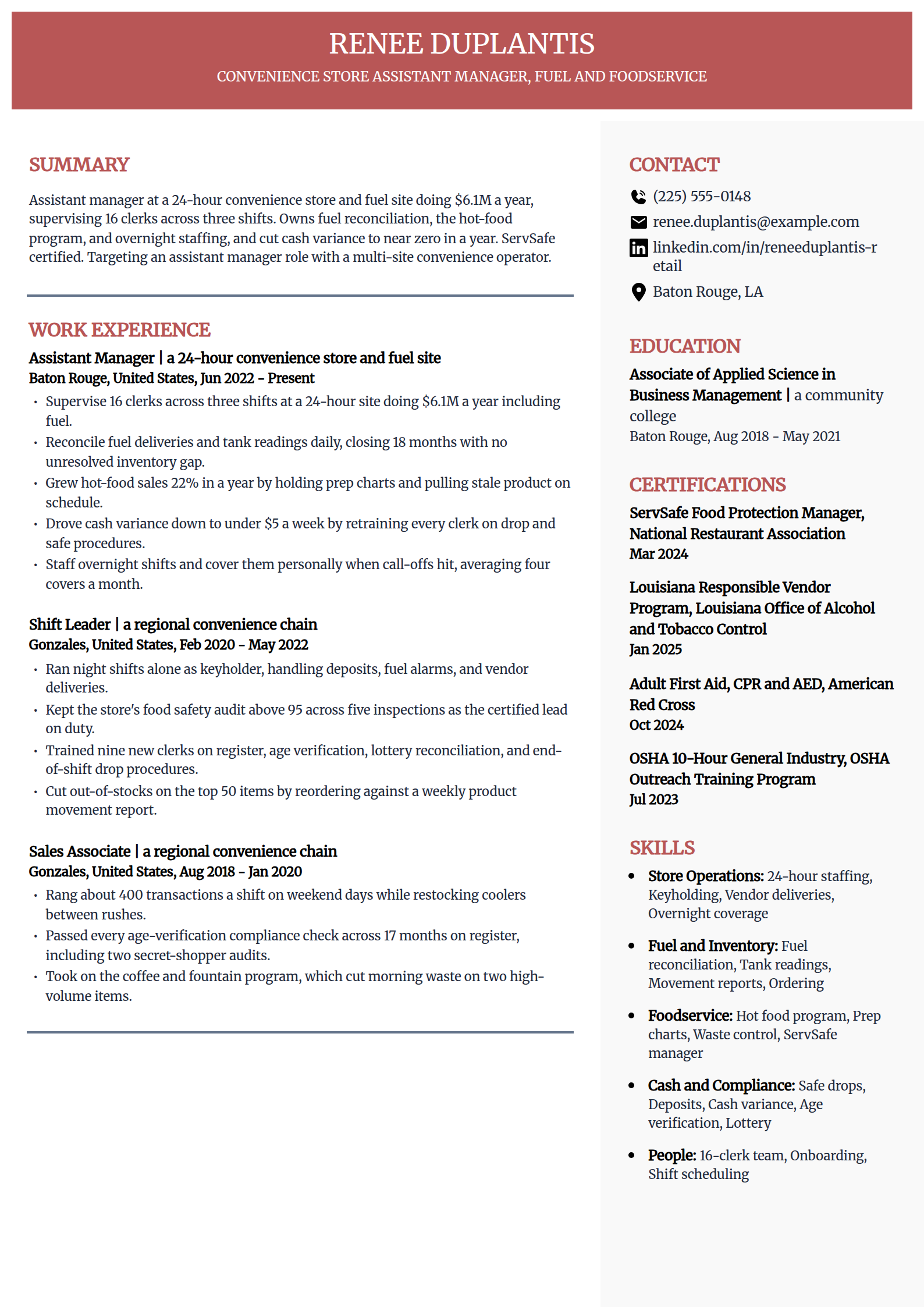 Convenience store assistant manager resume example in the Executive template