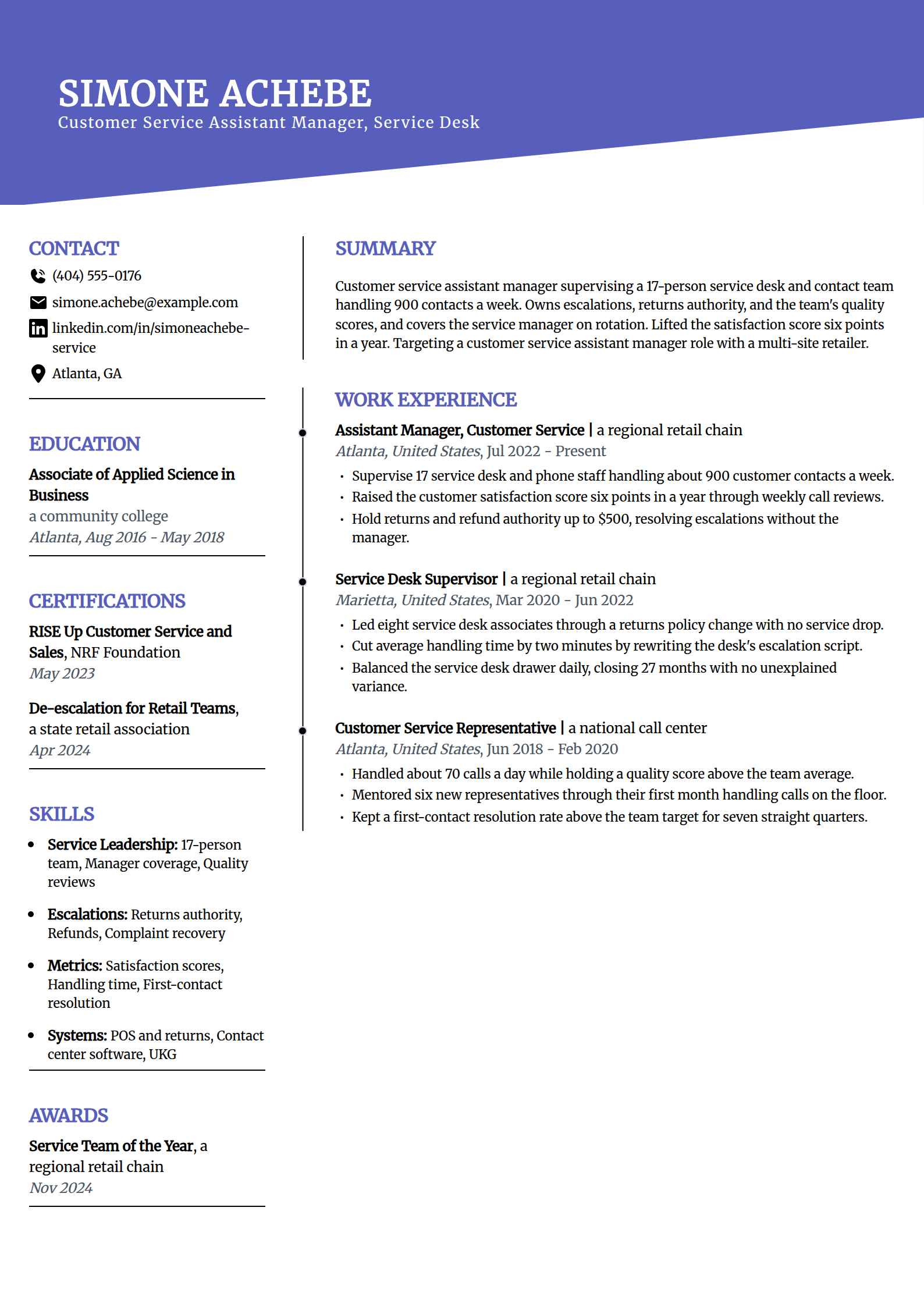 Customer service assistant manager resume example in the Orbit template