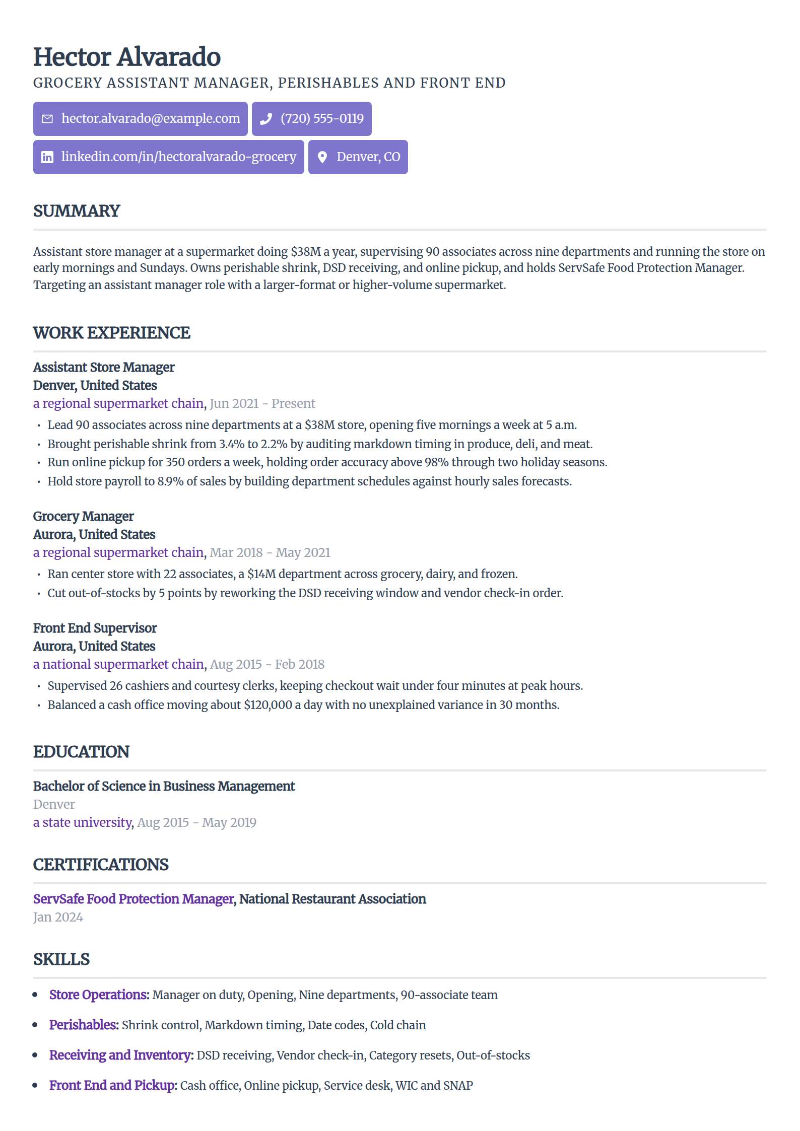Grocery supermarket assistant manager resume example in the Sleek Framework template