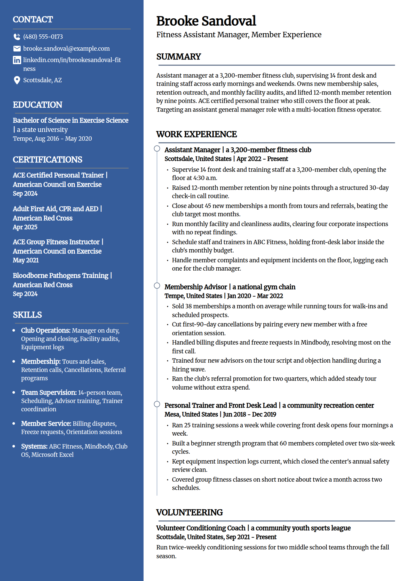 Fitness gym assistant manager resume example in the Creative template