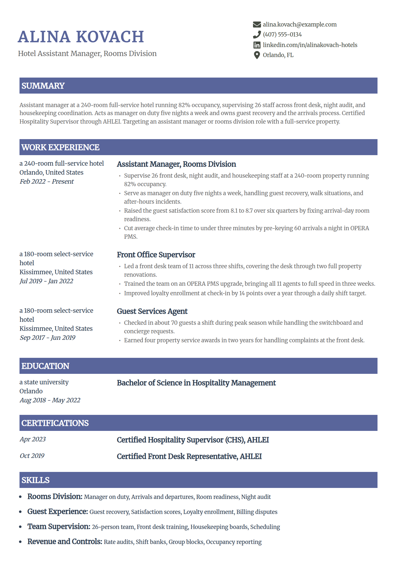 Hotel assistant manager resume example in the Catalyst template