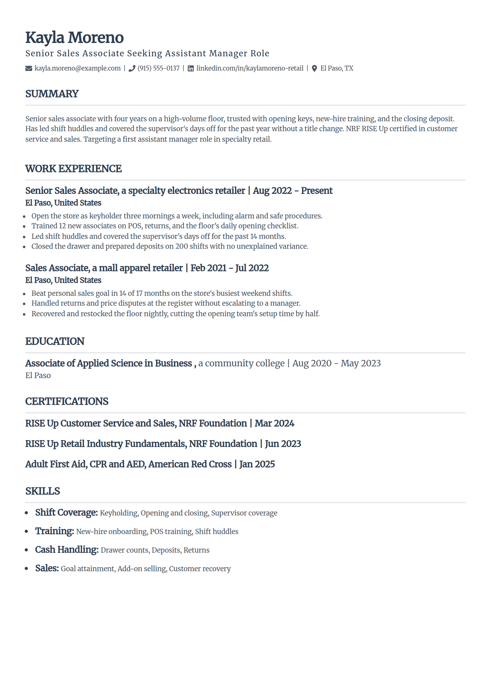 Assistant manager resume example with no management experience in the Classic template