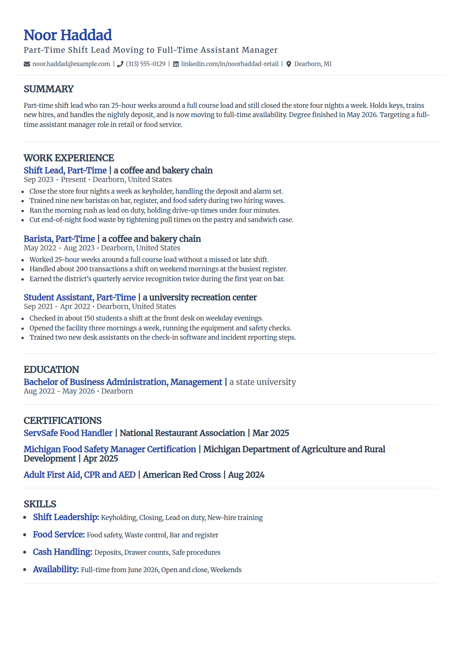 Part-time to full-time assistant manager resume example in the Elegant template