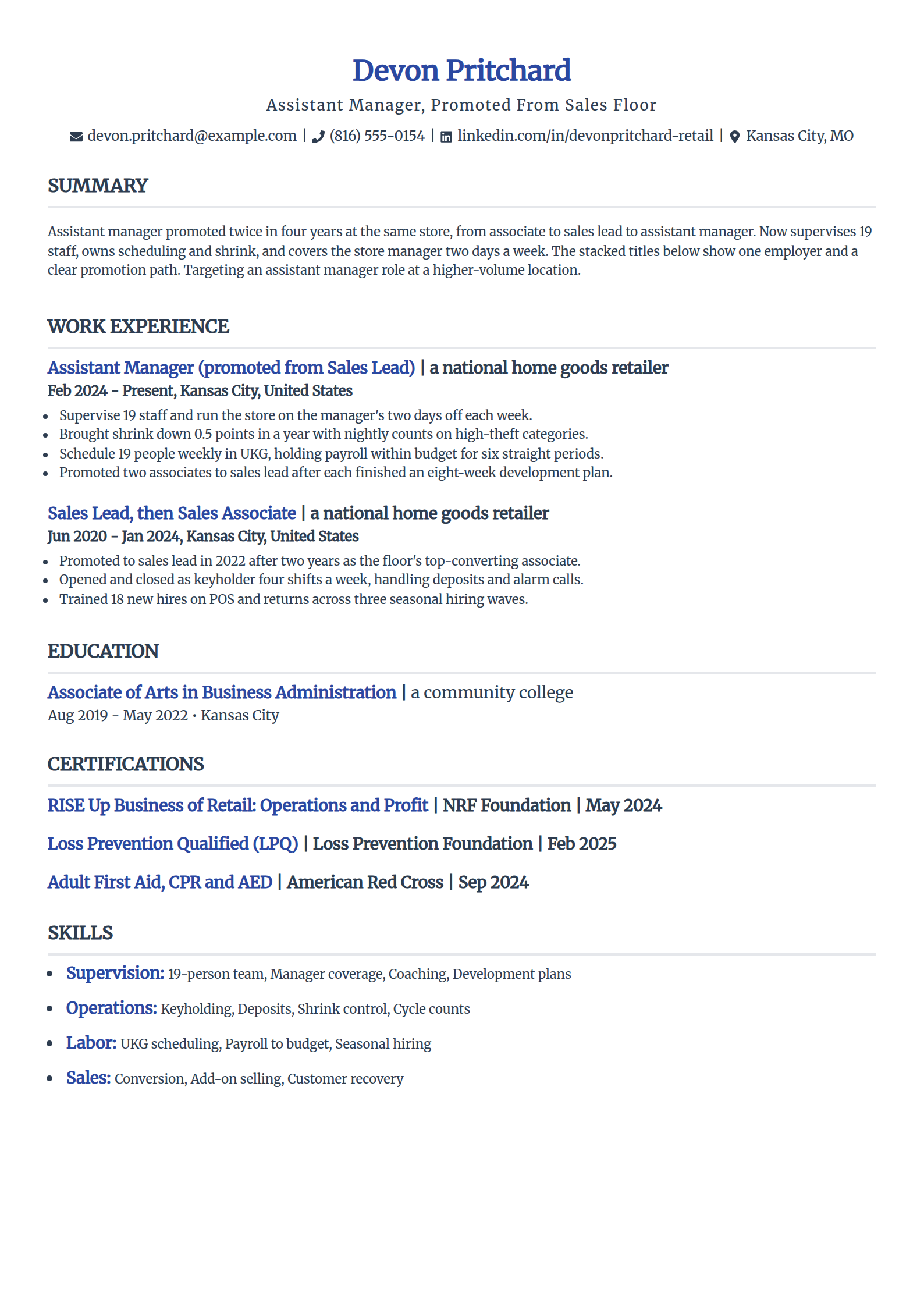 Assistant manager promoted from within resume example in the Simple template