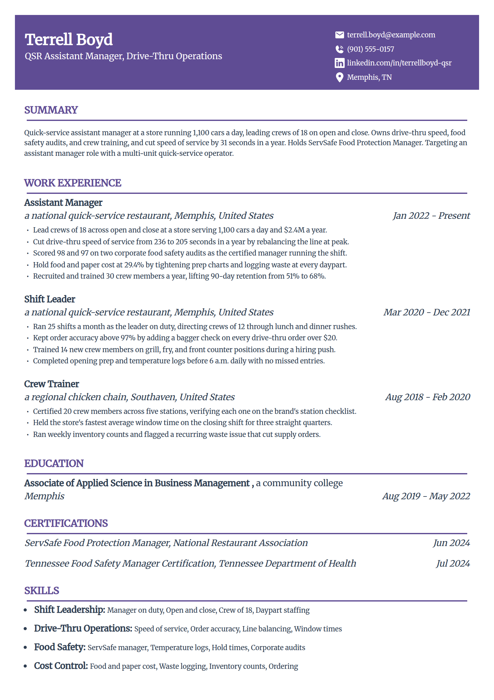 Fast food QSR assistant manager resume example in the Panorama template