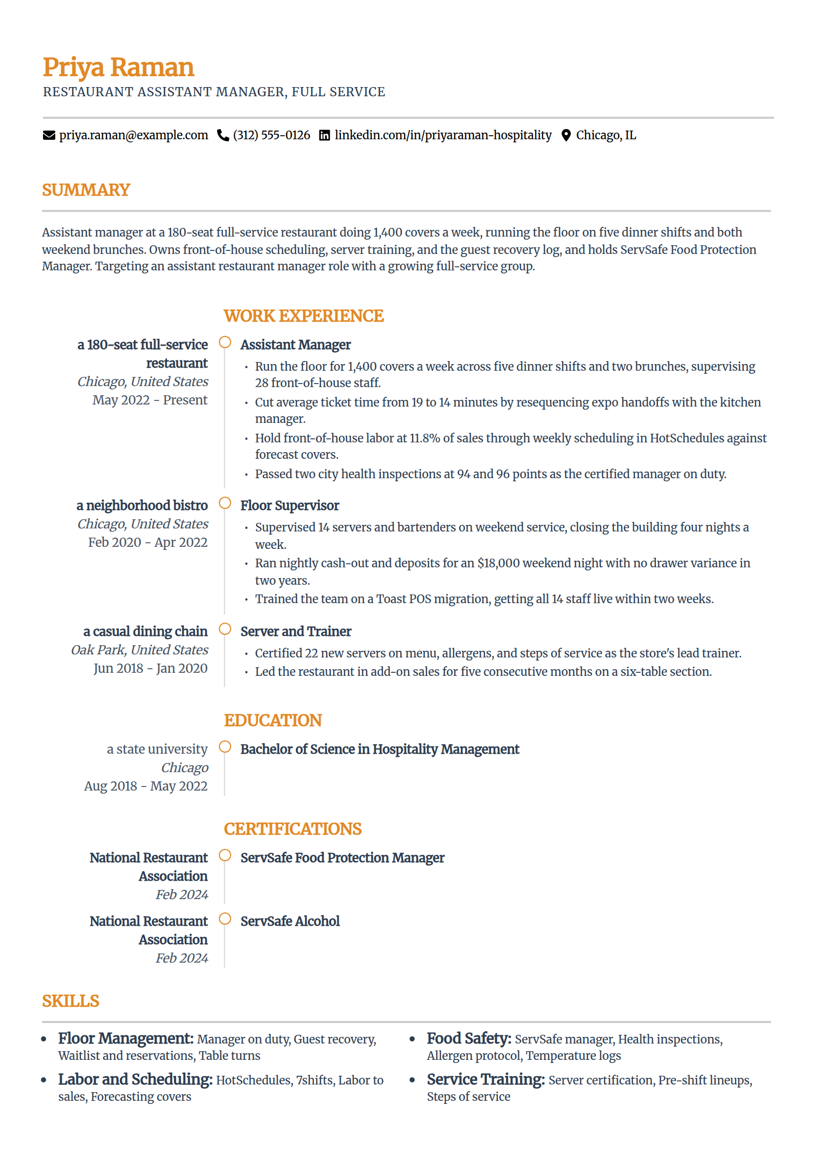 Restaurant assistant manager resume example in the Zenith template
