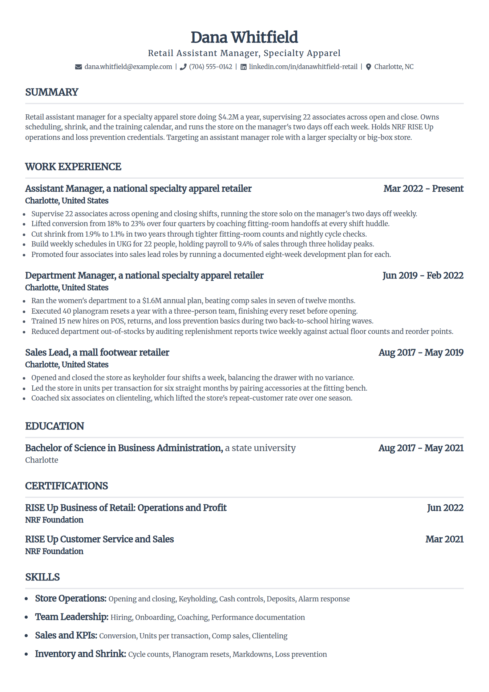 Retail assistant manager resume example in the Standard template