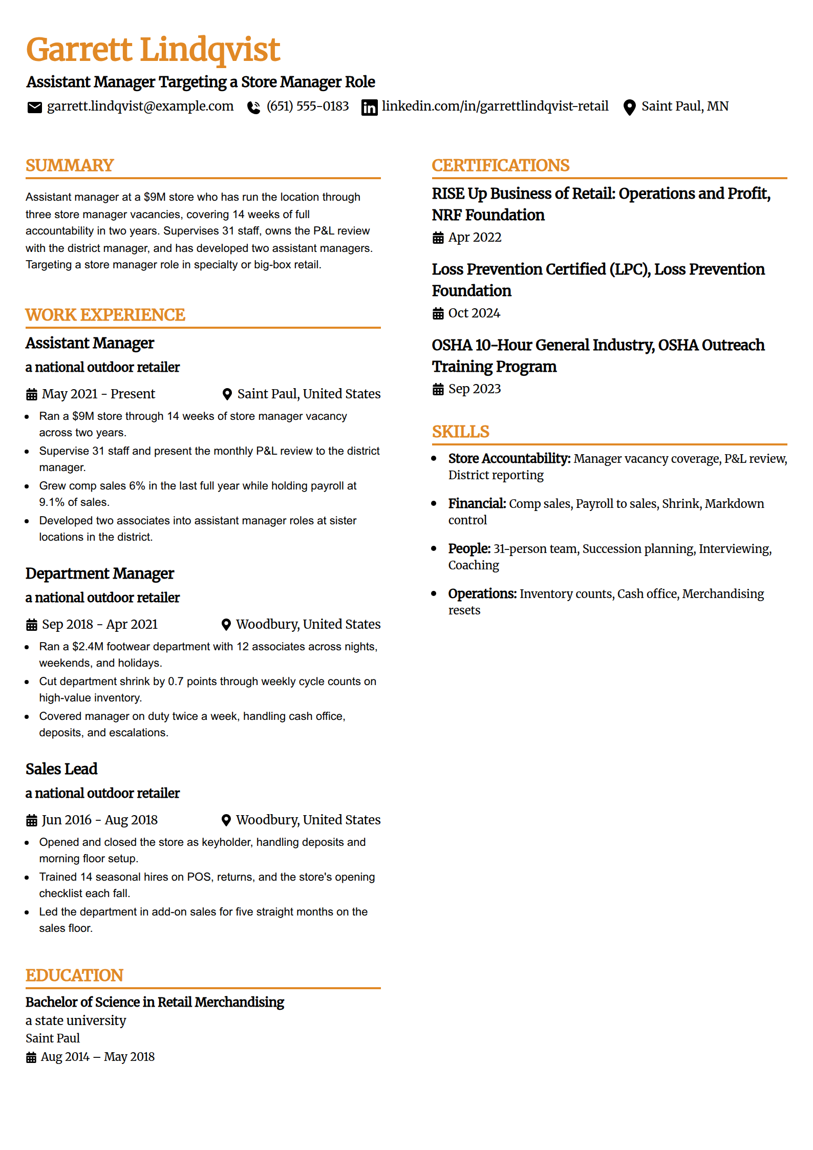 Assistant manager seeking store manager promotion resume example in the Professional Edge template