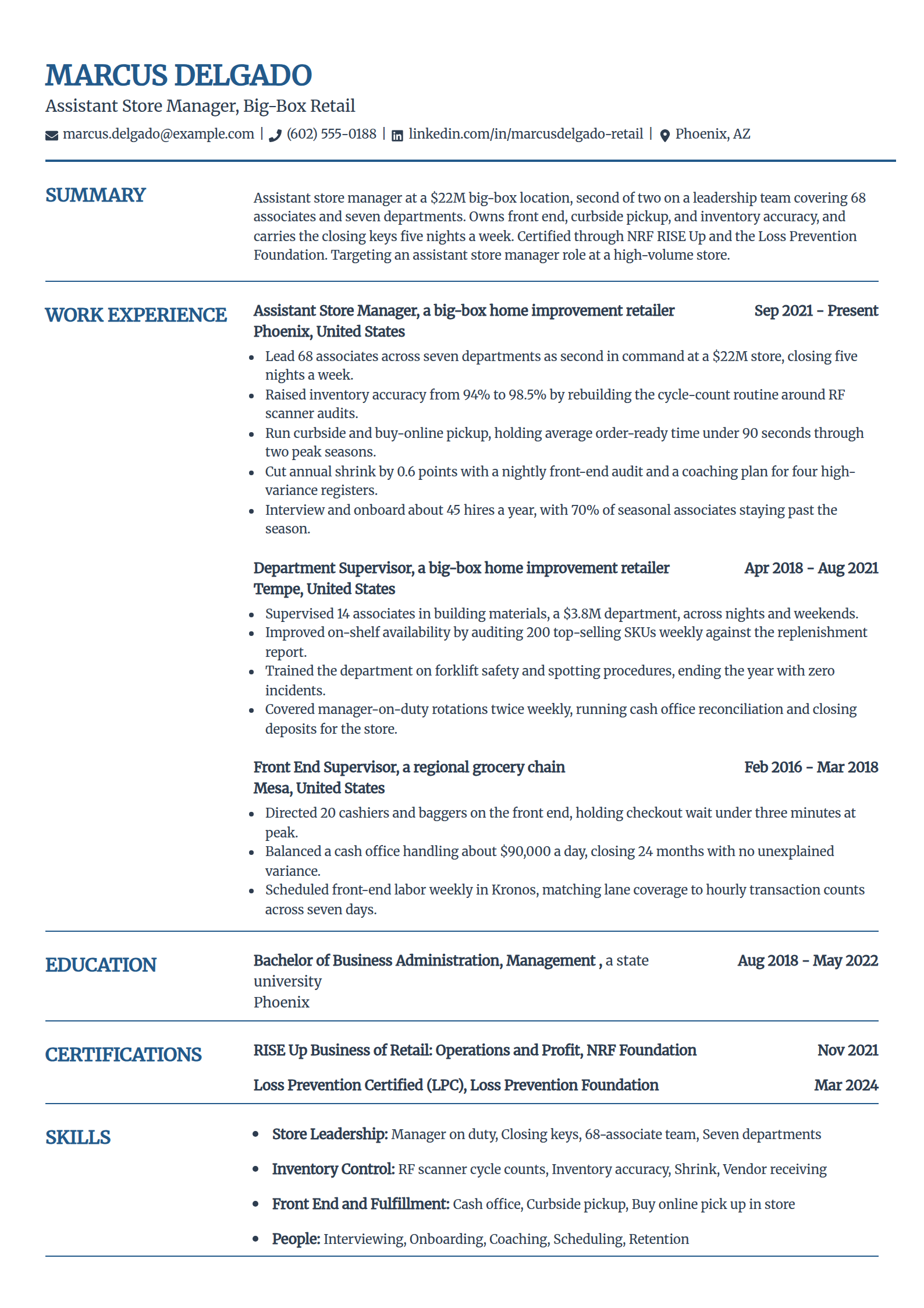 Assistant store manager resume example in the Craft template