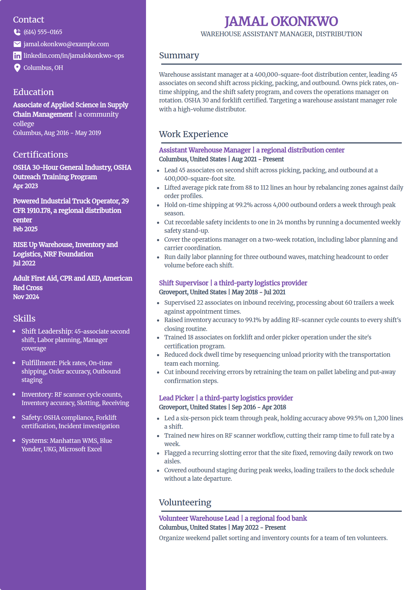 Warehouse assistant manager resume example in the Pioneer template