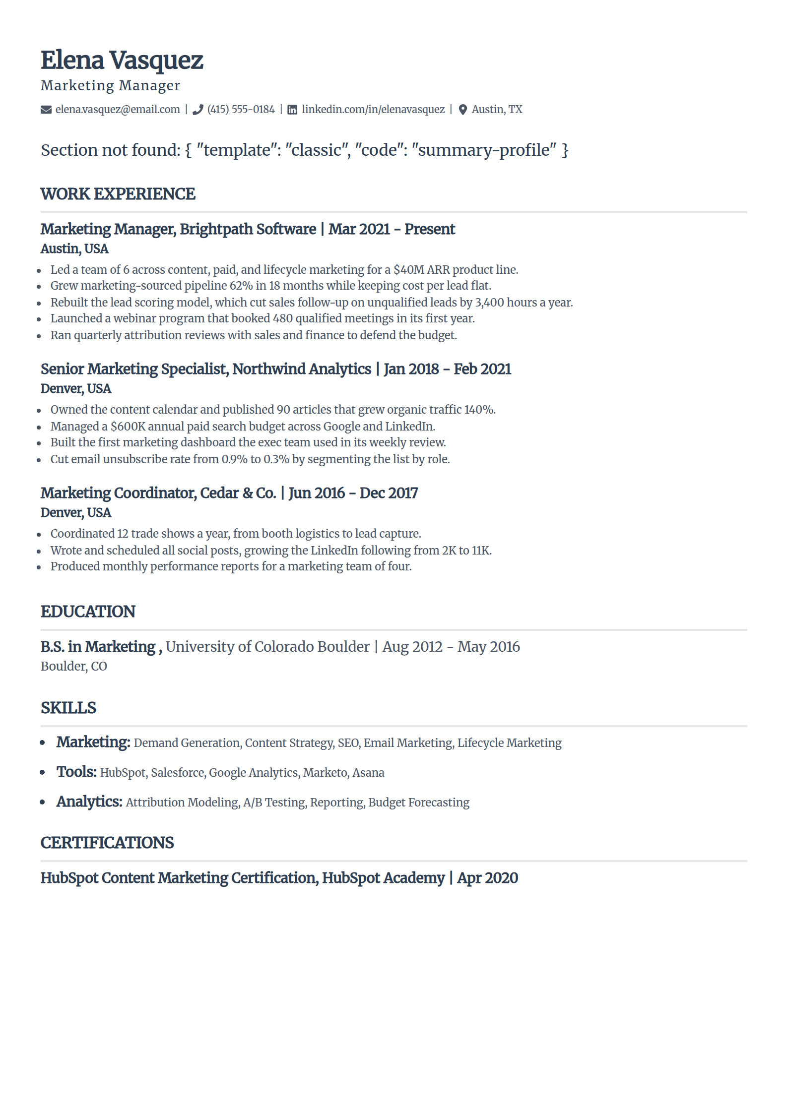 ATS-friendly resume format in the Classic template, single column with serif headings and thin section rules