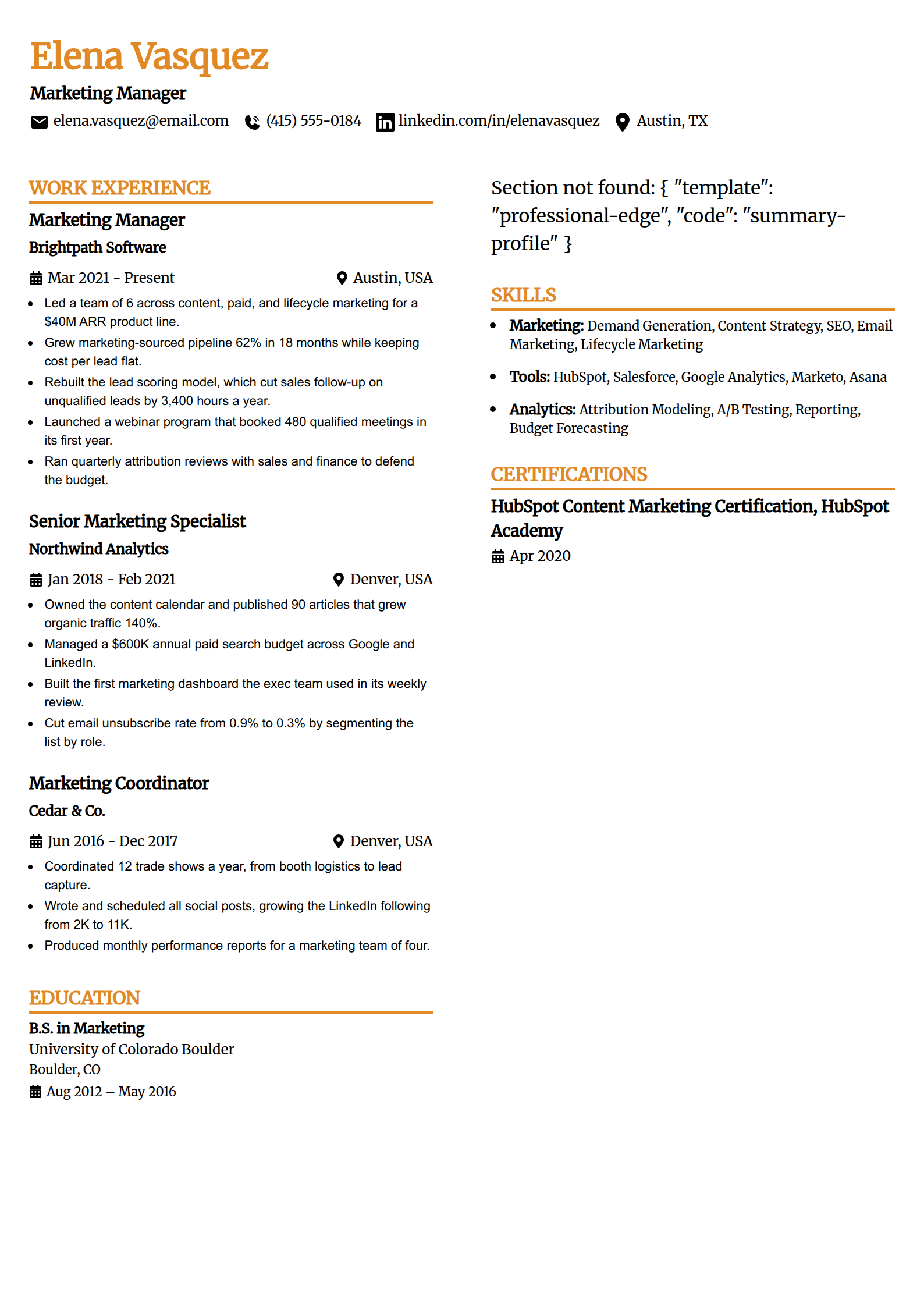 ATS-friendly resume format in the Professional Edge template, single column with a bold header and clear section breaks