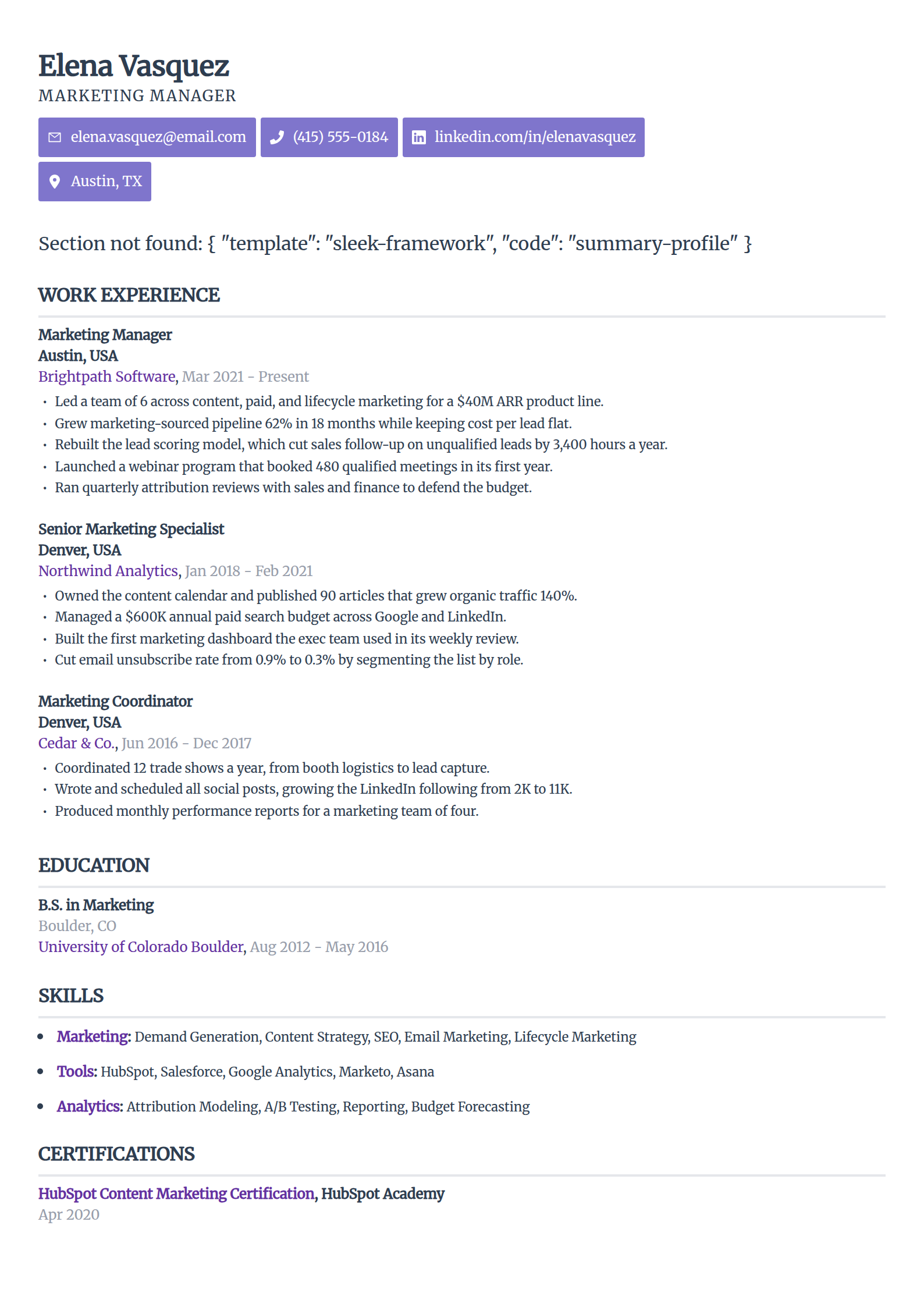 ATS-friendly resume format in the Sleek Framework template, single column with minimal typography and disciplined whitespace