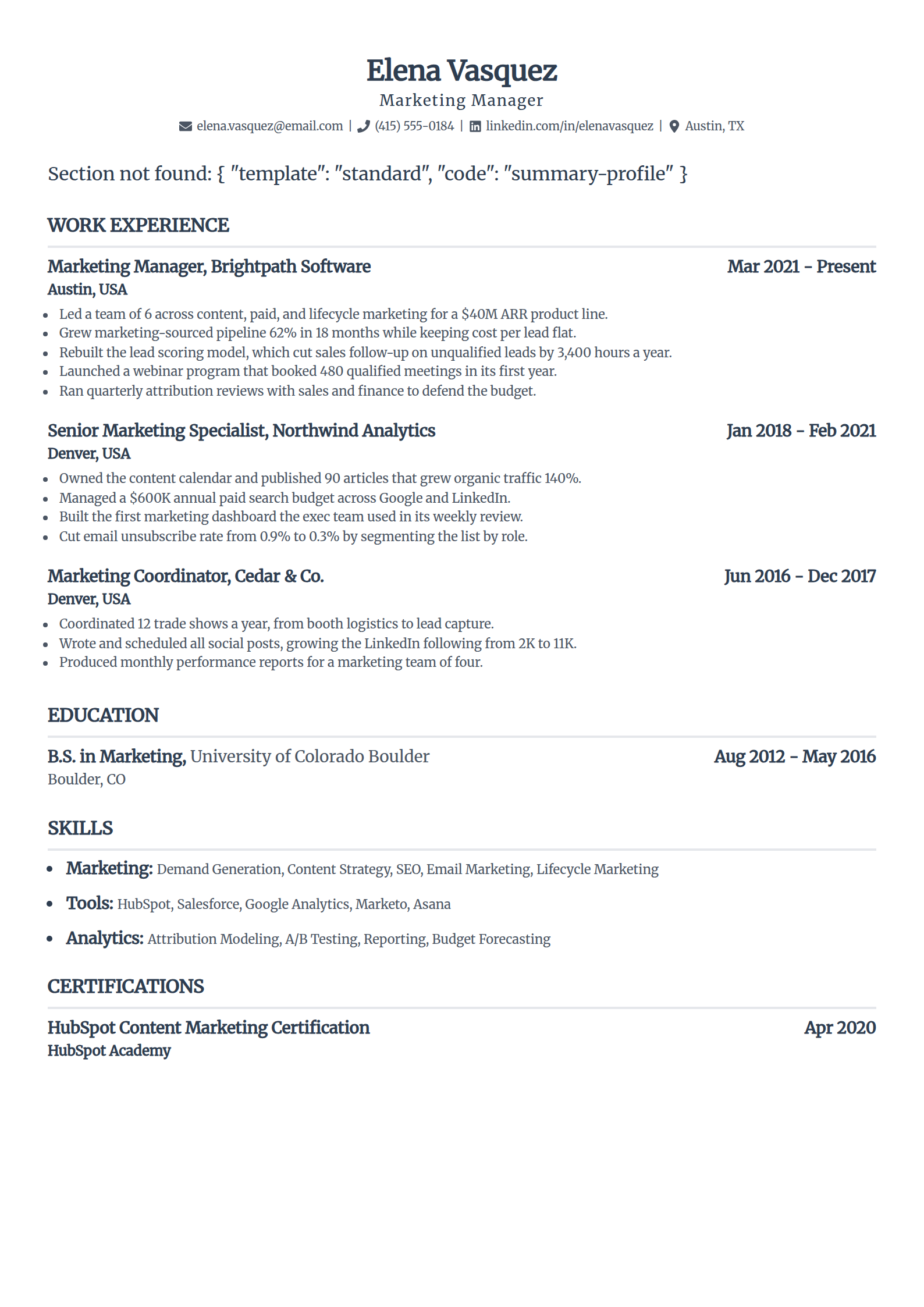 ATS-friendly resume format in the Standard template, single column with a centered name and right-aligned dates