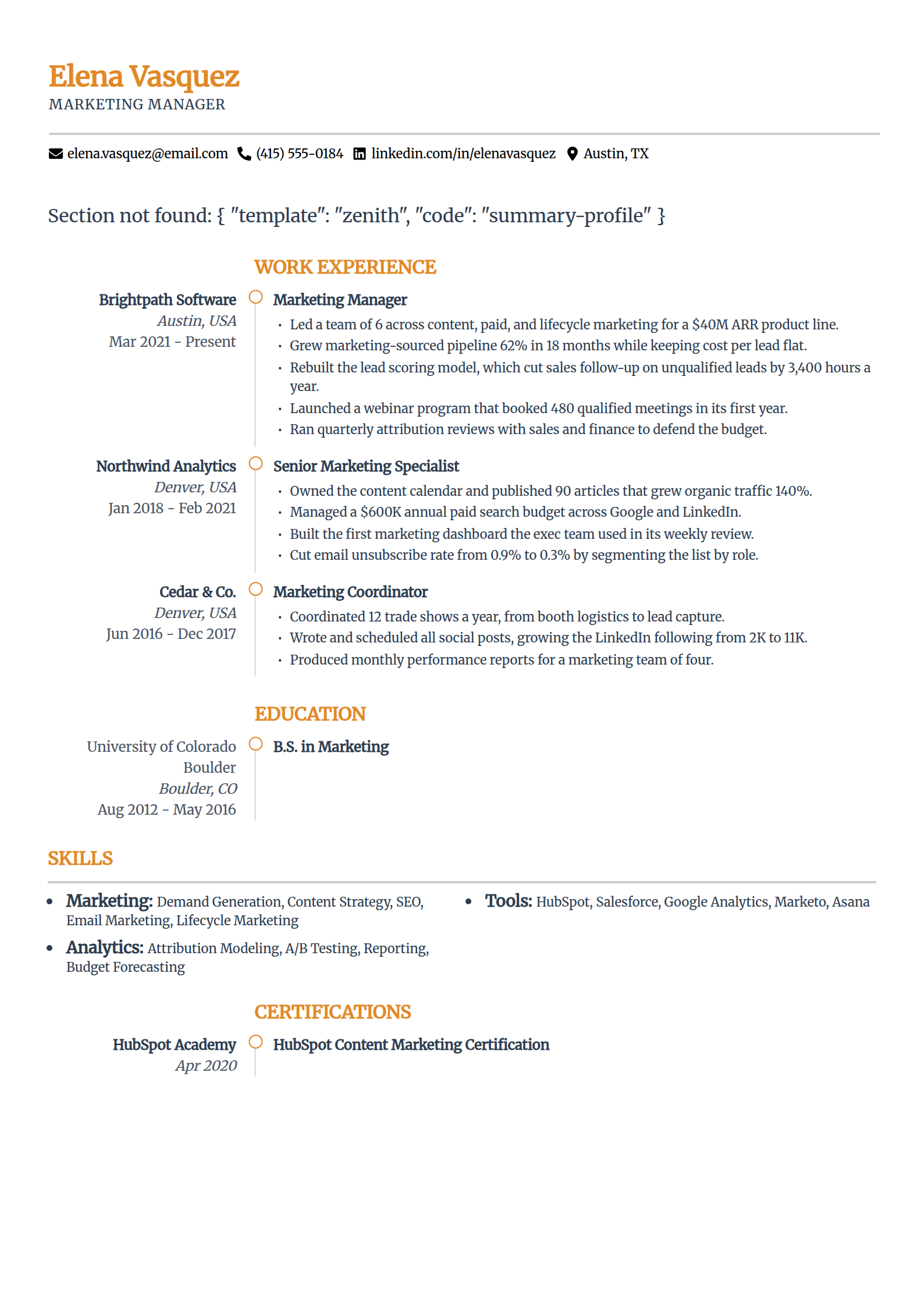 ATS-friendly resume format in the Zenith template, single column with an airy hierarchy leading with the summary