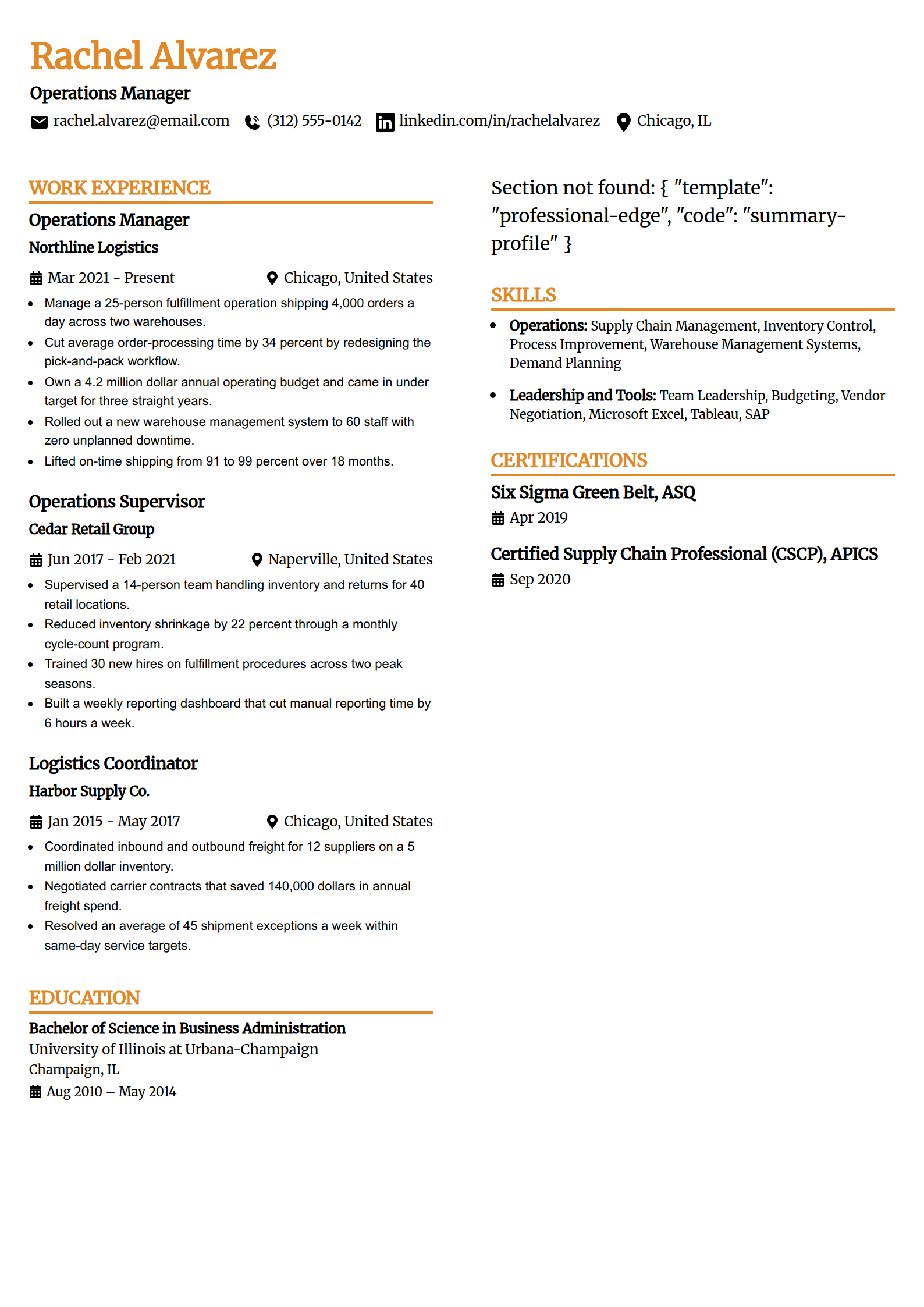 ATS resume template for Word in the Professional Edge layout, single column with a bold header and clear section breaks