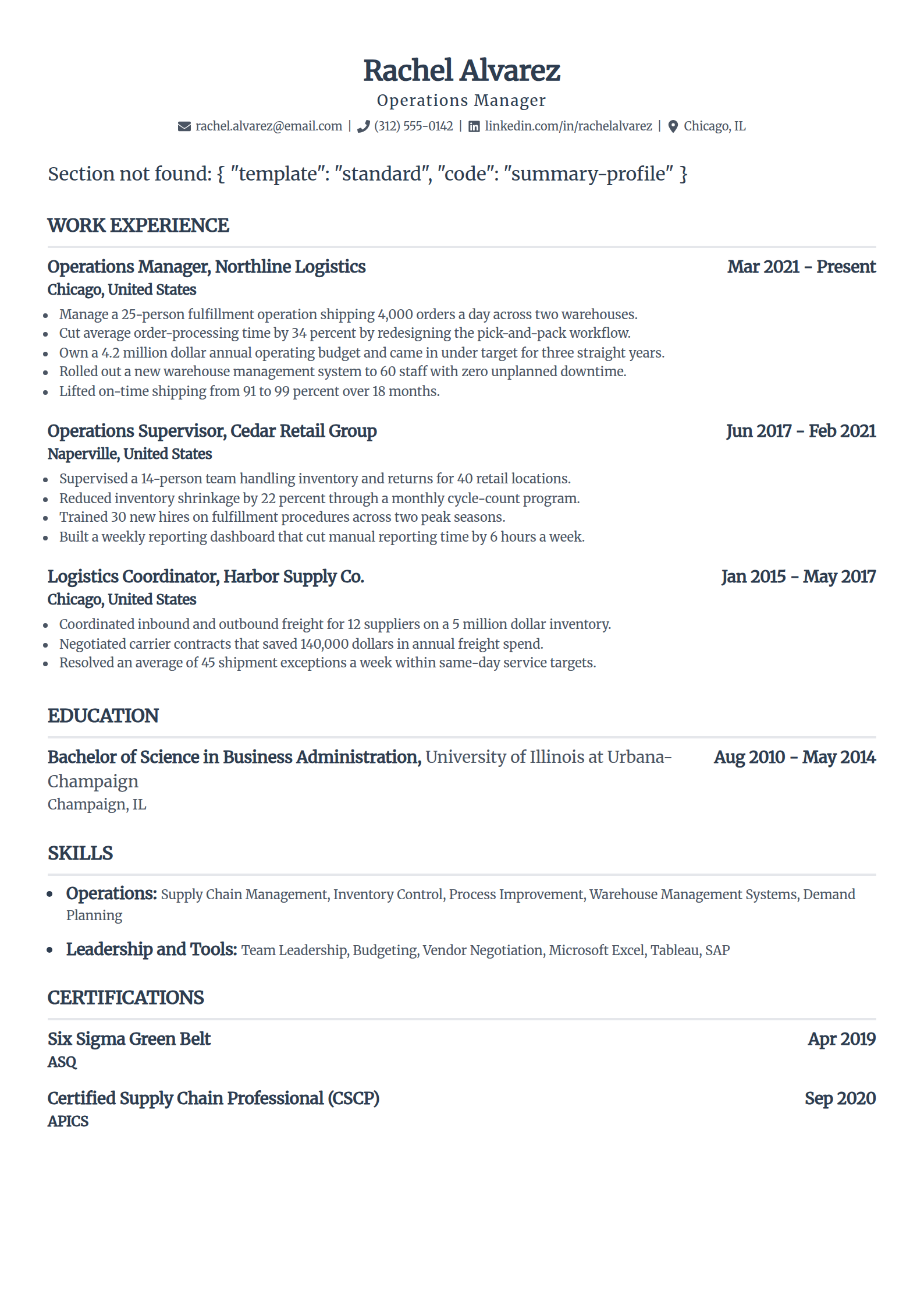 ATS resume template for Word in the Standard layout, single column with a centered name and plain section headings