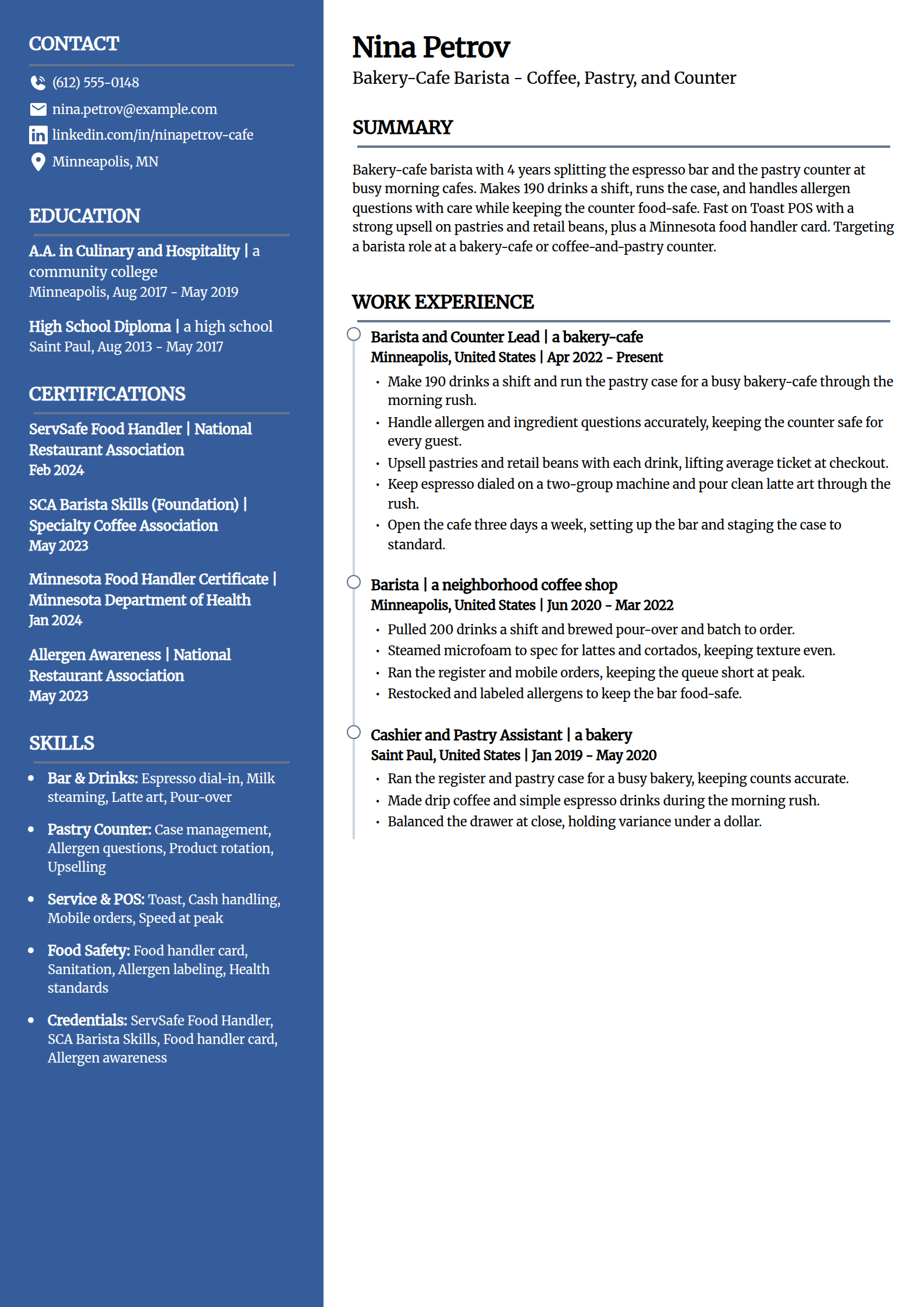 Bakery-Cafe Barista resume example in the Creative template