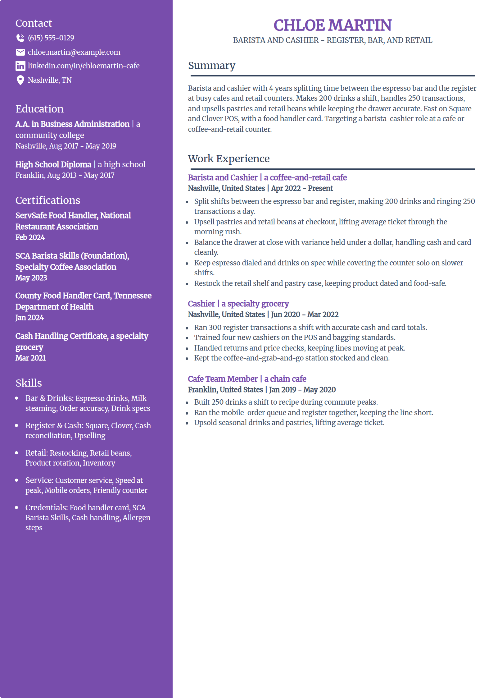 Barista and Cashier hybrid resume example in the Pioneer template