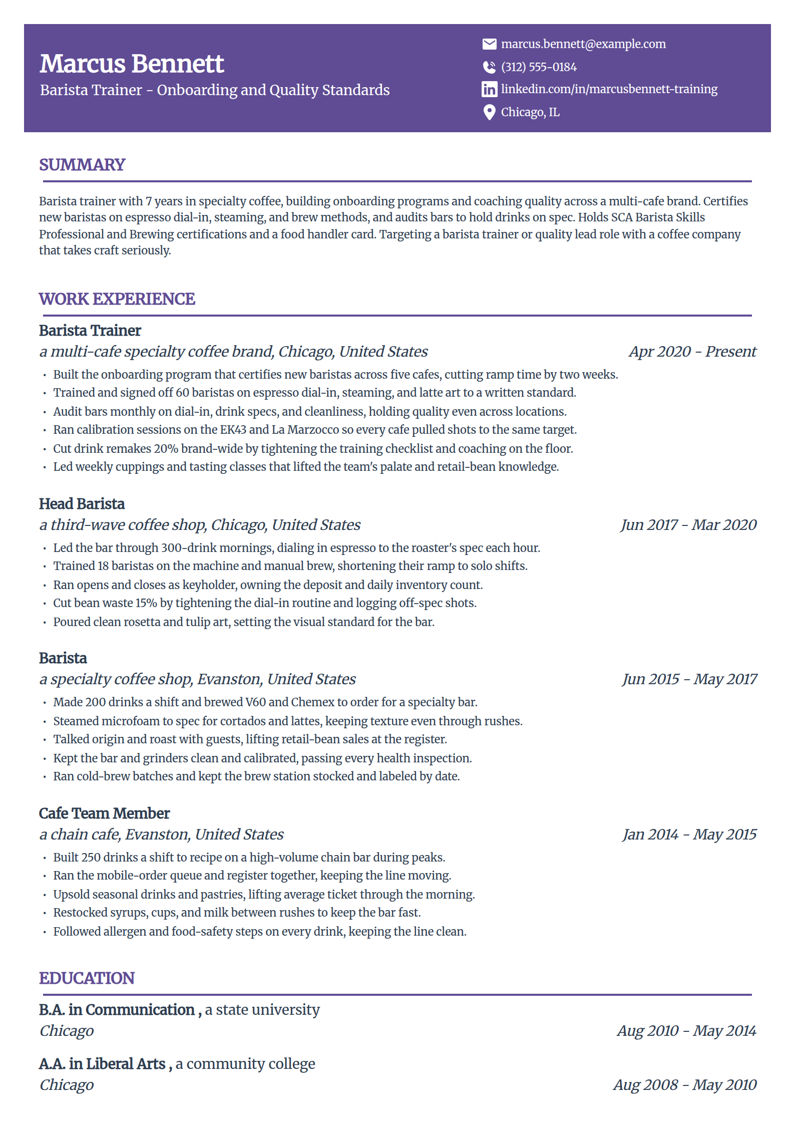 Barista Trainer resume example in the Panorama template