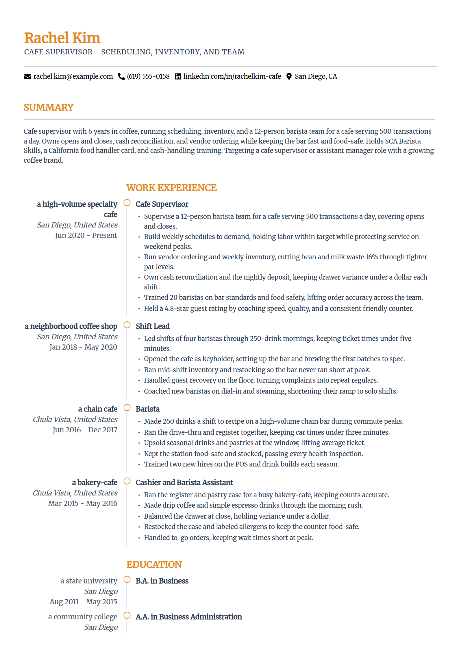 Cafe Supervisor resume example in the Zenith template
