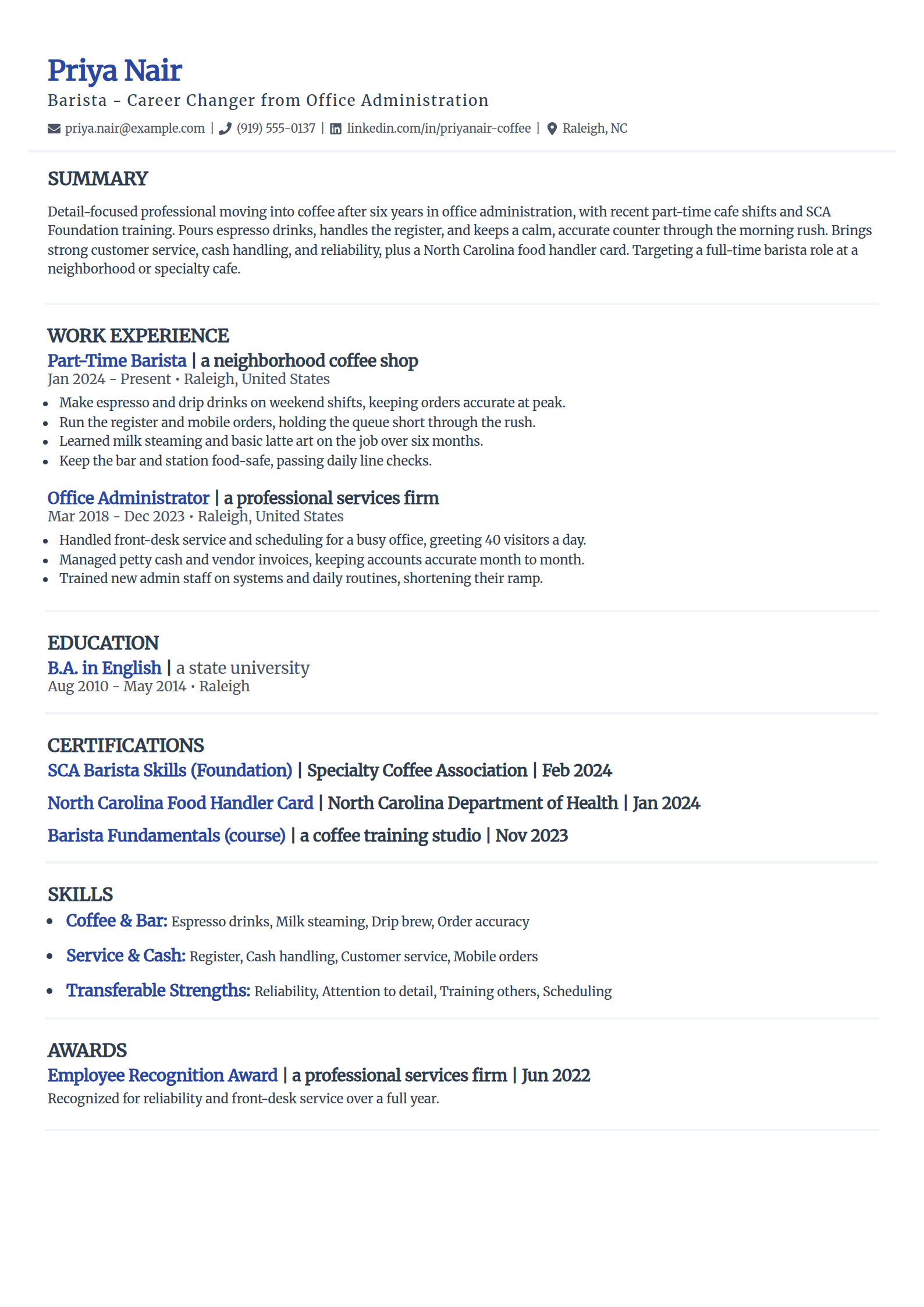Career-Changer into Coffee resume example in the Elegant template