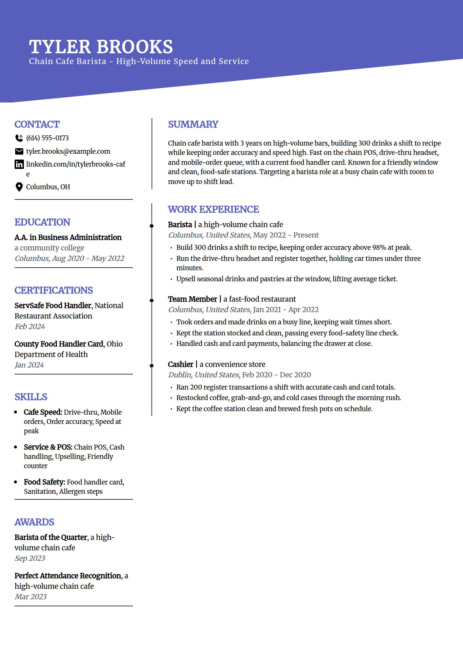 Chain Cafe Barista resume example in the Orbit template