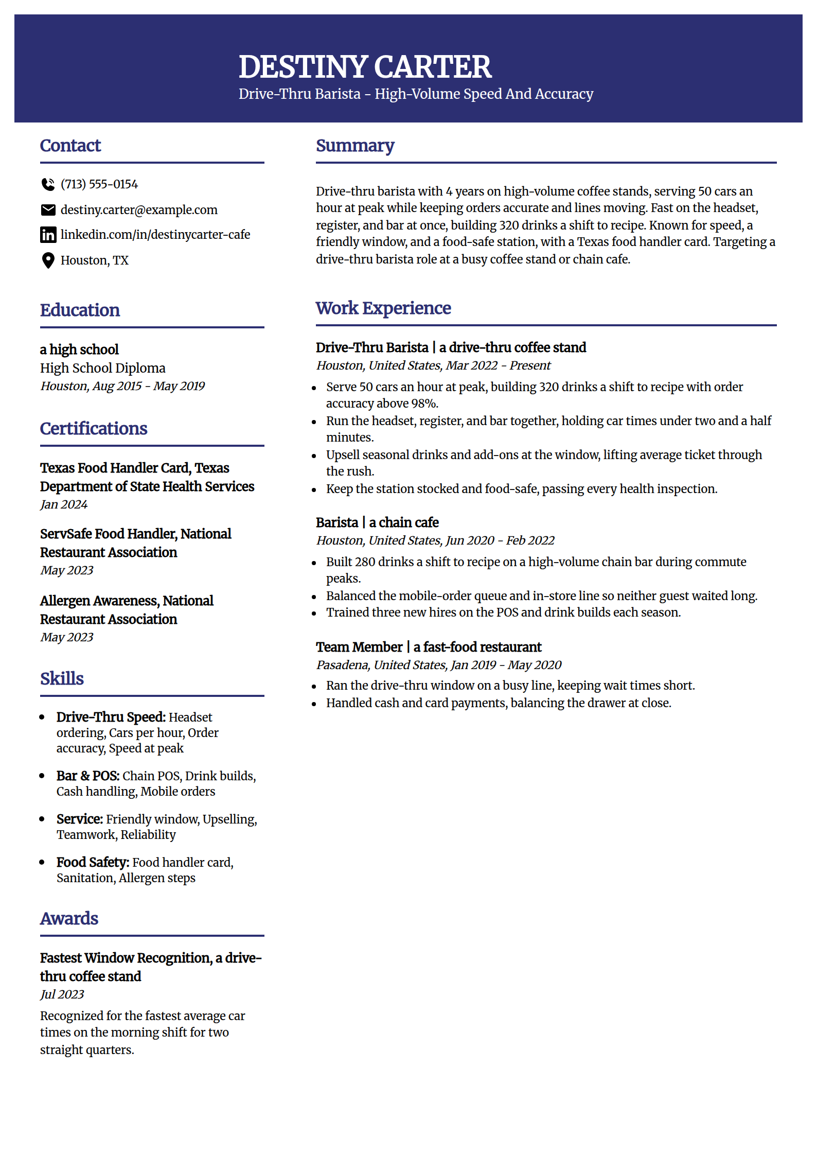 Drive-Thru High-Volume Barista resume example in the Visionary template