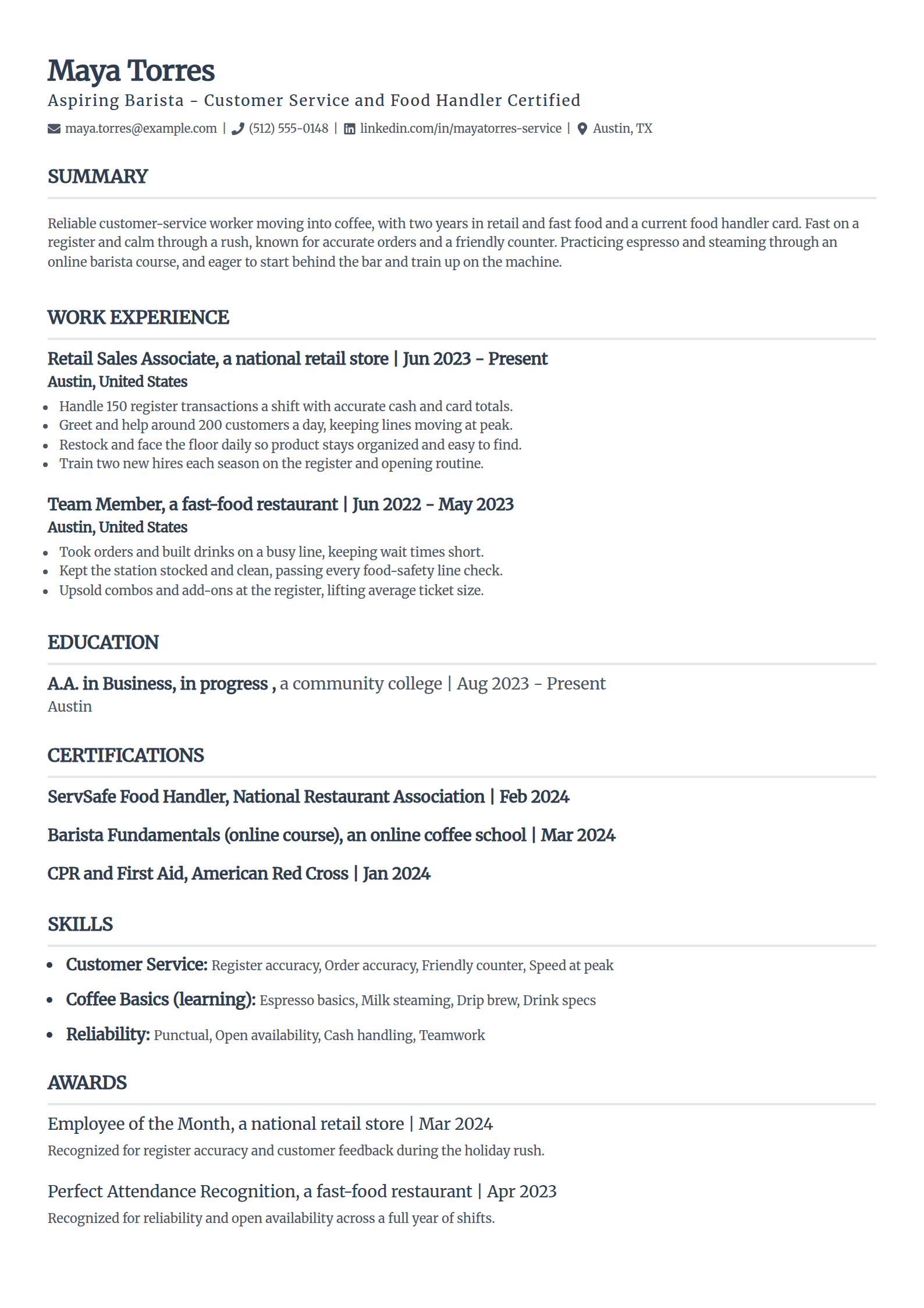 Entry-Level No-Experience Barista resume example in the Classic template
