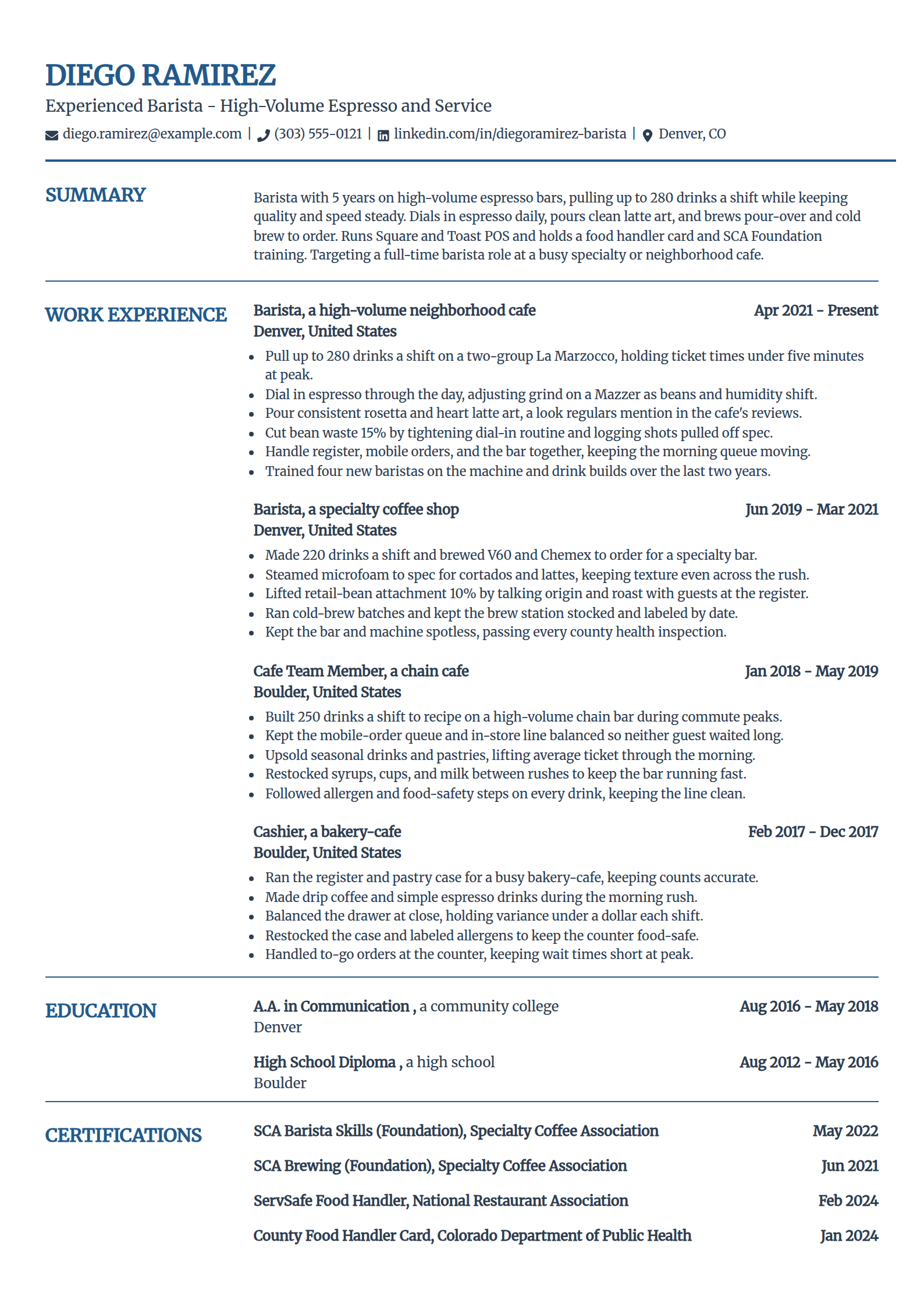 Experienced Barista resume example in the Craft template