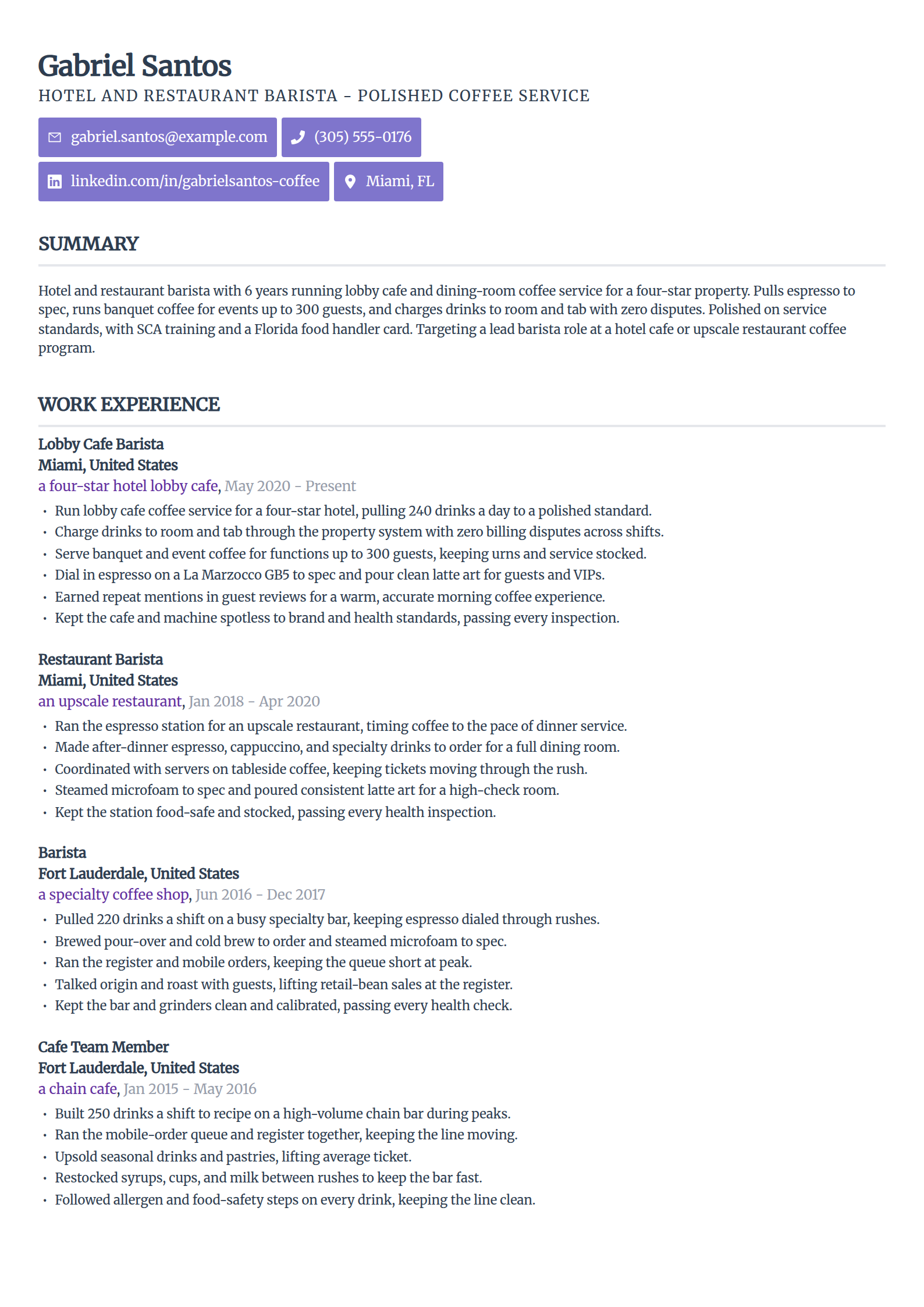Hotel and Restaurant Barista resume example in the Sleek Framework template