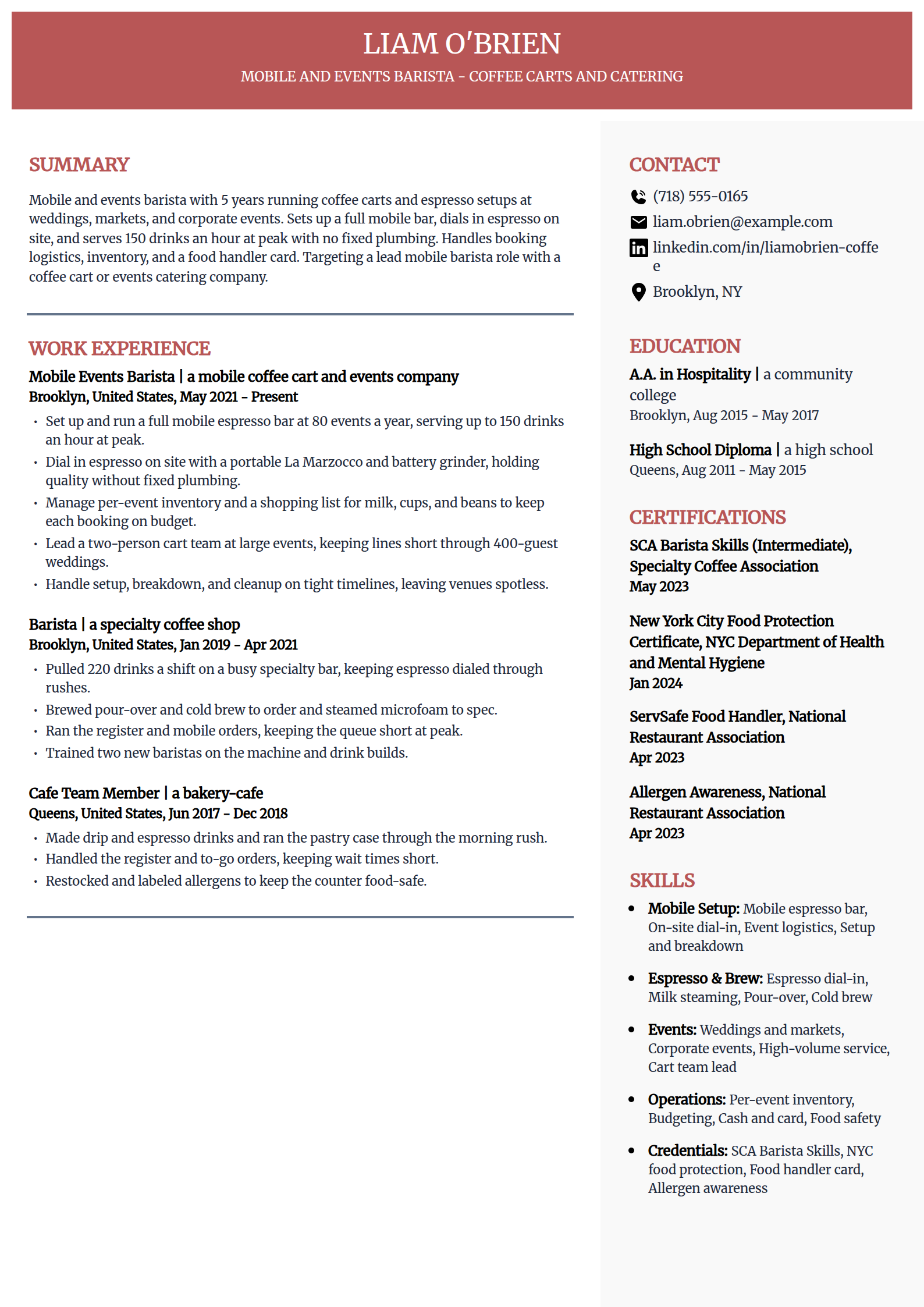 Mobile and Events Barista resume example in the Executive template