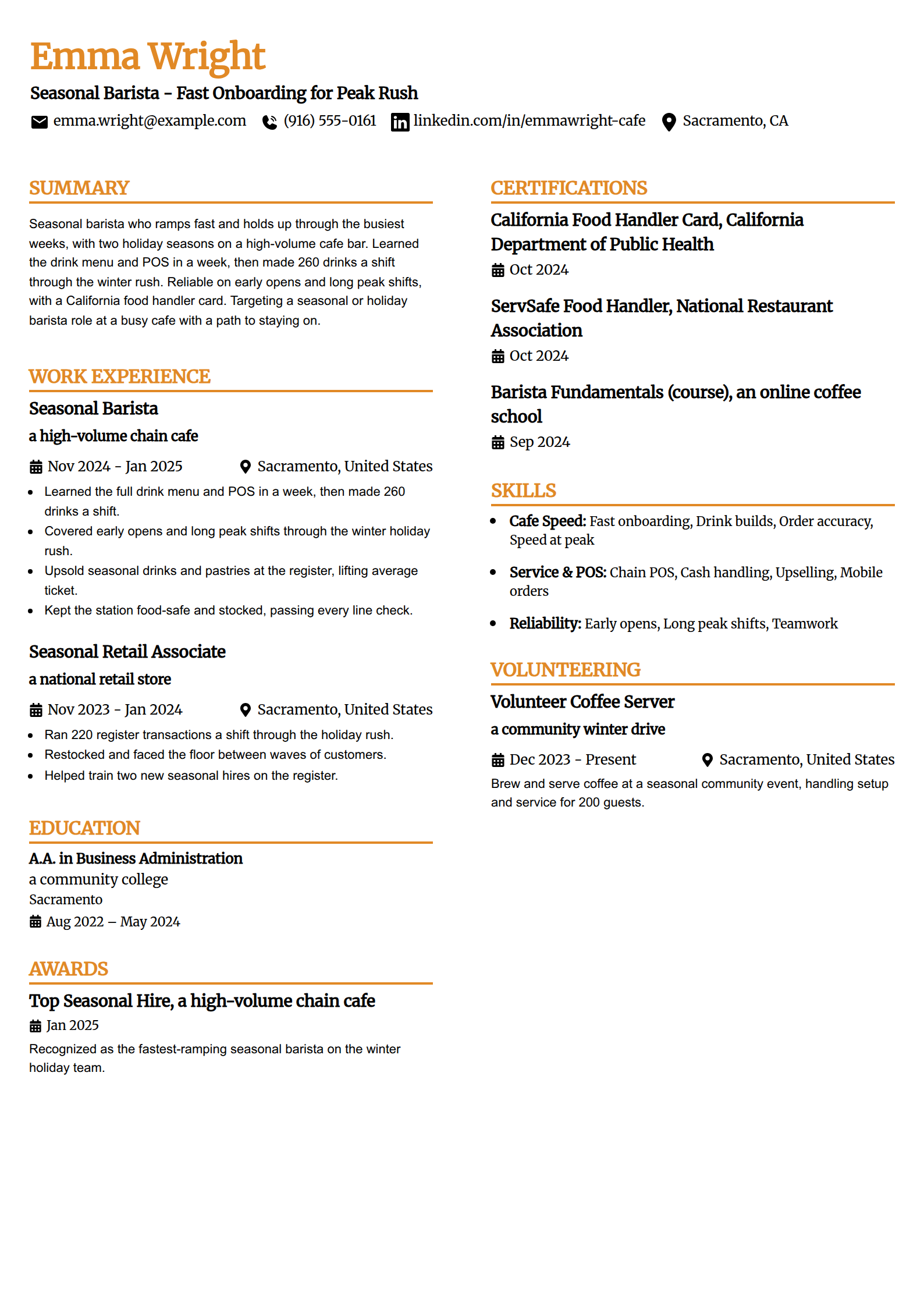 Seasonal Holiday Barista resume example in the Professional Edge template
