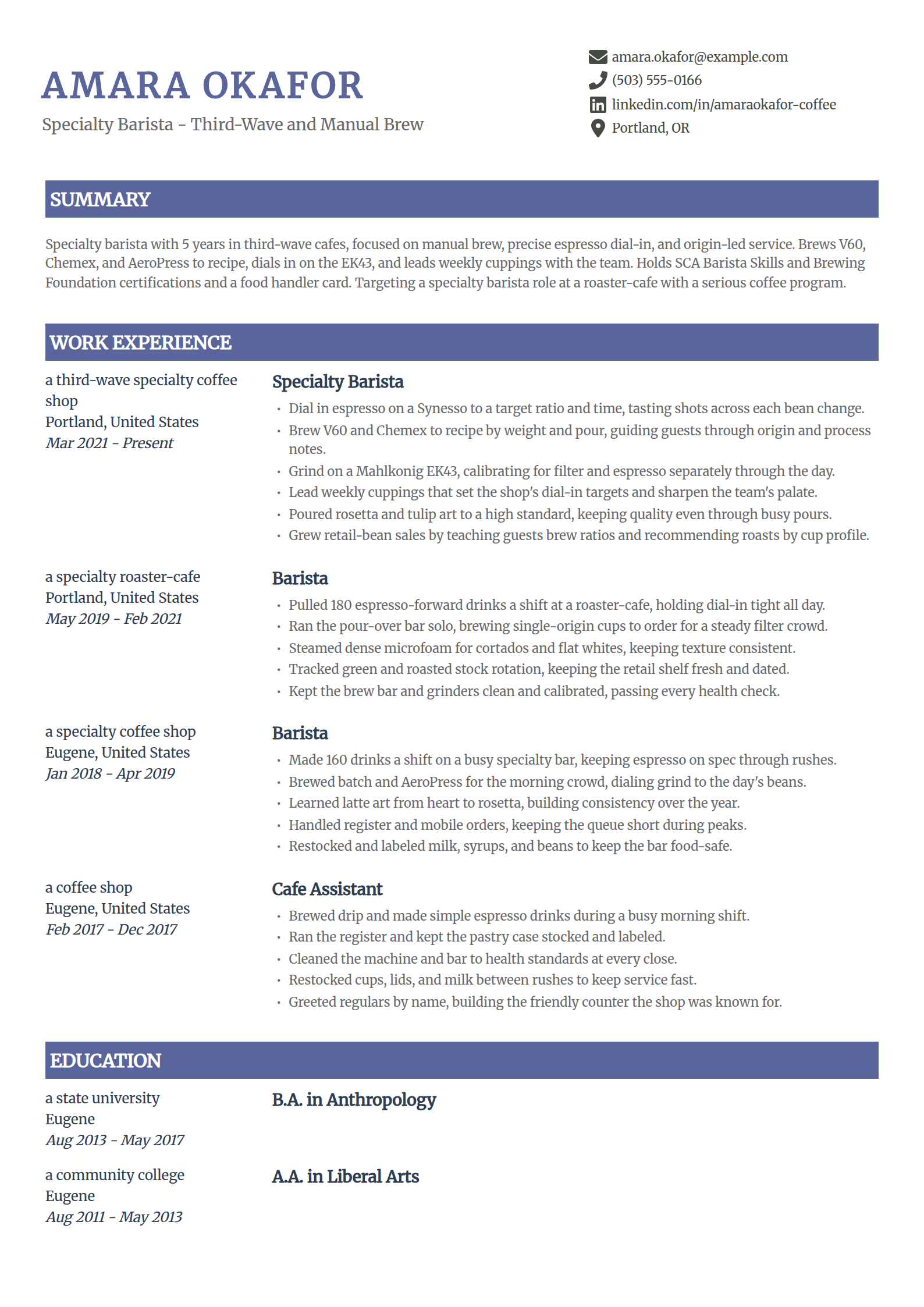 Specialty Third-Wave Barista resume example in the Catalyst template