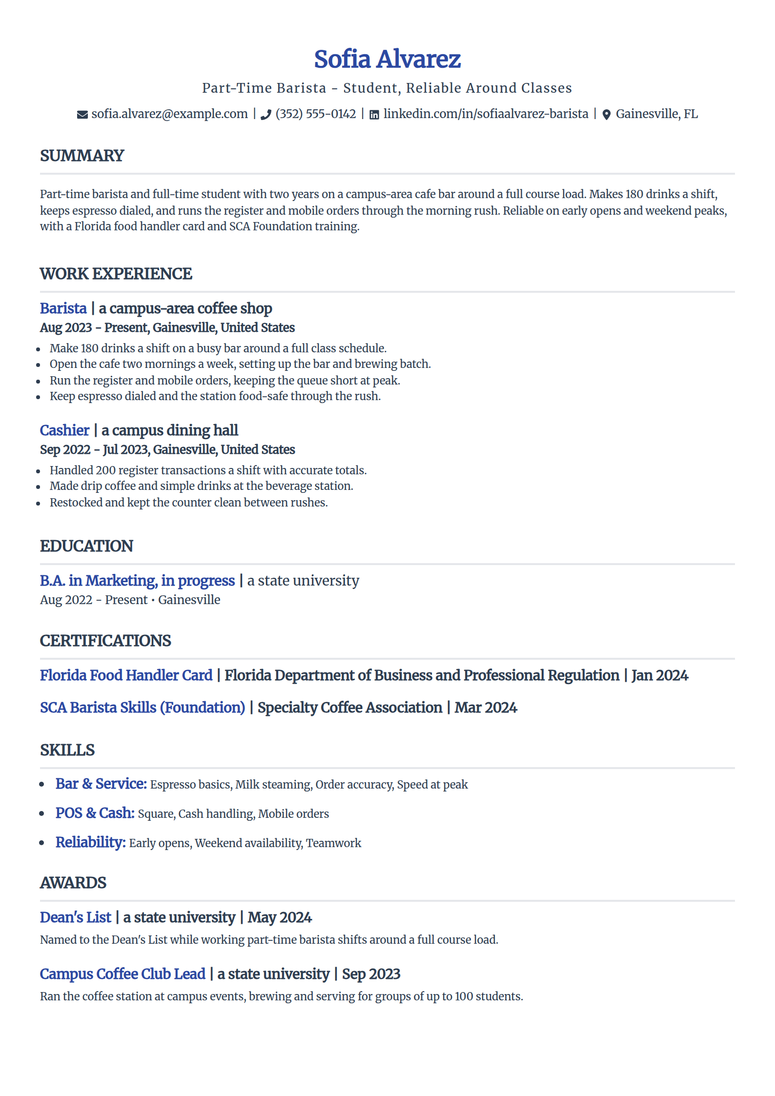 Student Part-Time Barista resume example in the Simple template